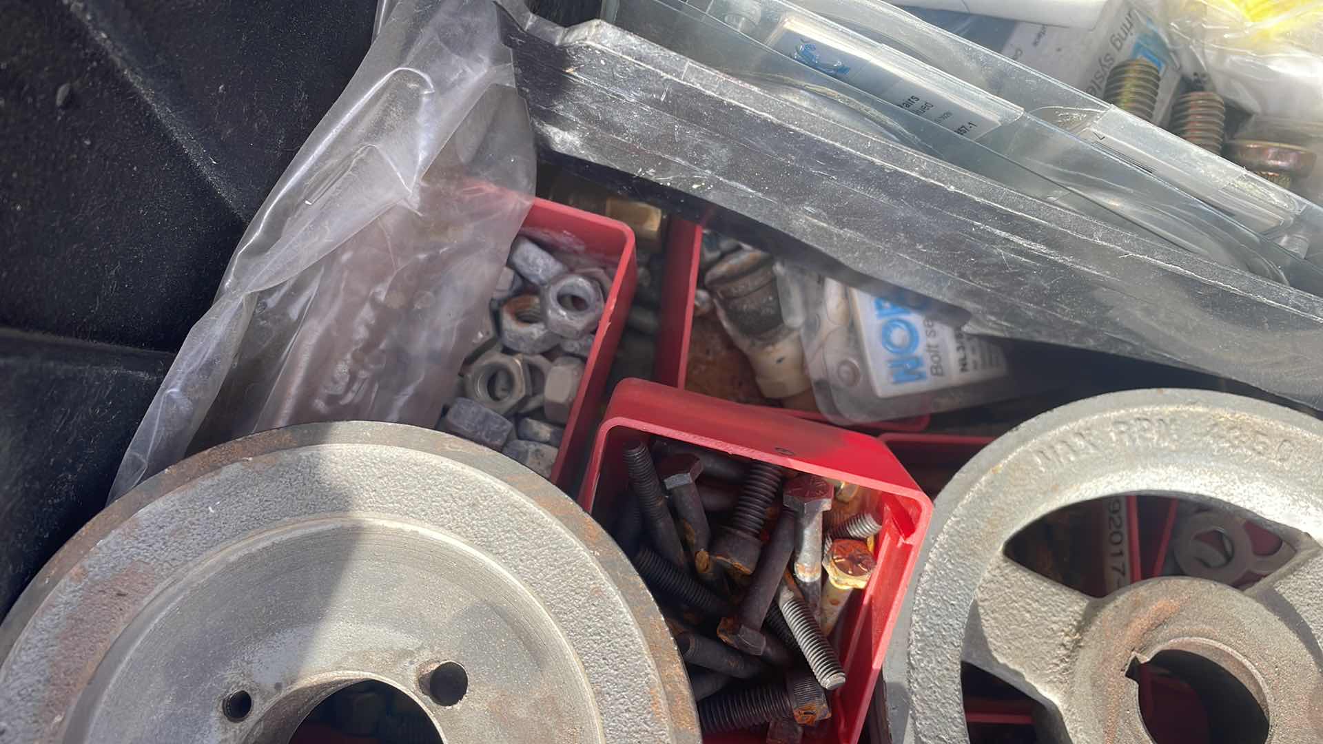 Photo 7 of PULLEY PARTS MISC BOLTS NUTS DEWALT 14” CHOP SAW BLADE IN TOTE