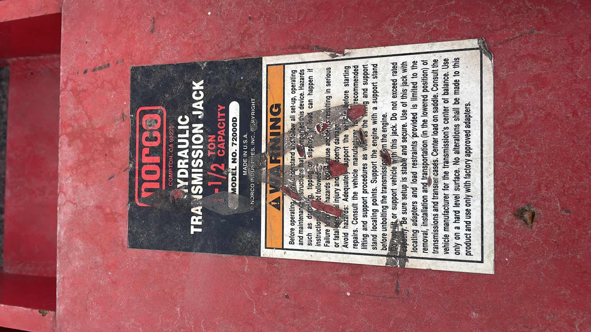 Photo 1 of NORCO HYDRAULIC TRANSMISSION JACK 1-1/2 TON CAPACITY MODEL 72000D