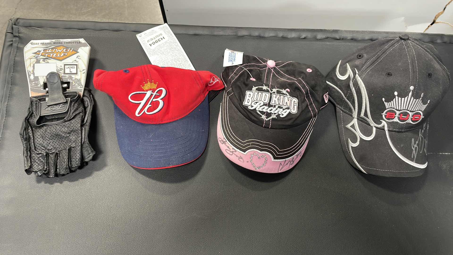 Photo 1 of 2 AUTOGRAPHED BUD HATS AND LADIES POWER TRIP GLOVES SIZE LARGE