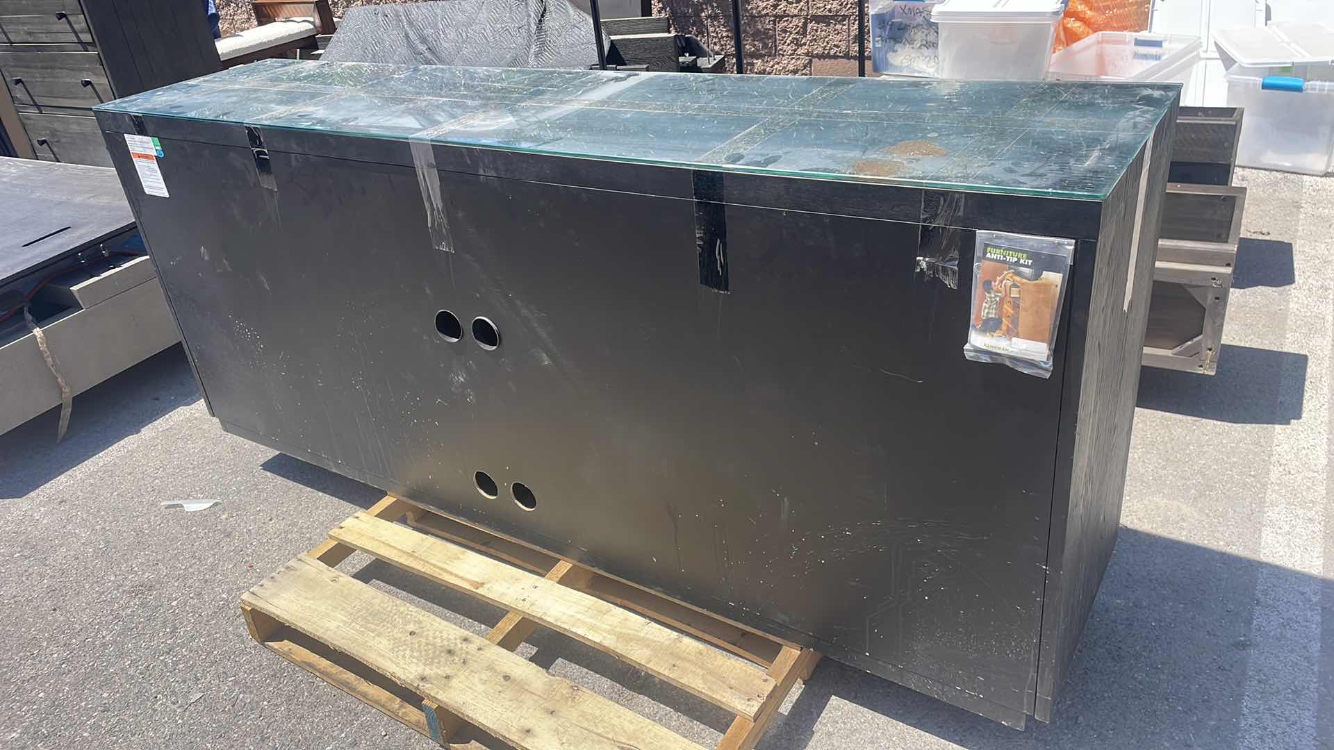 Photo 1 of BEZIER WOOD SIDEBOARD GLASS TOP80” x 18” x 32”