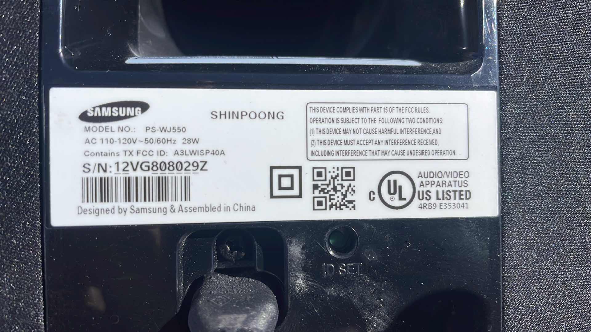 Photo 1 of SAMSUNG PS-WJ550 WIRELESS SUBWOOFER & POWER CORD ONLY NO SOUNDBAR