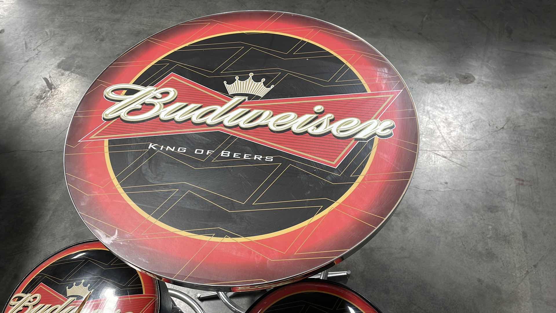 Photo 1 of BUDWEISER BAR TABLE 27” AND 3 BAR STOOLS
