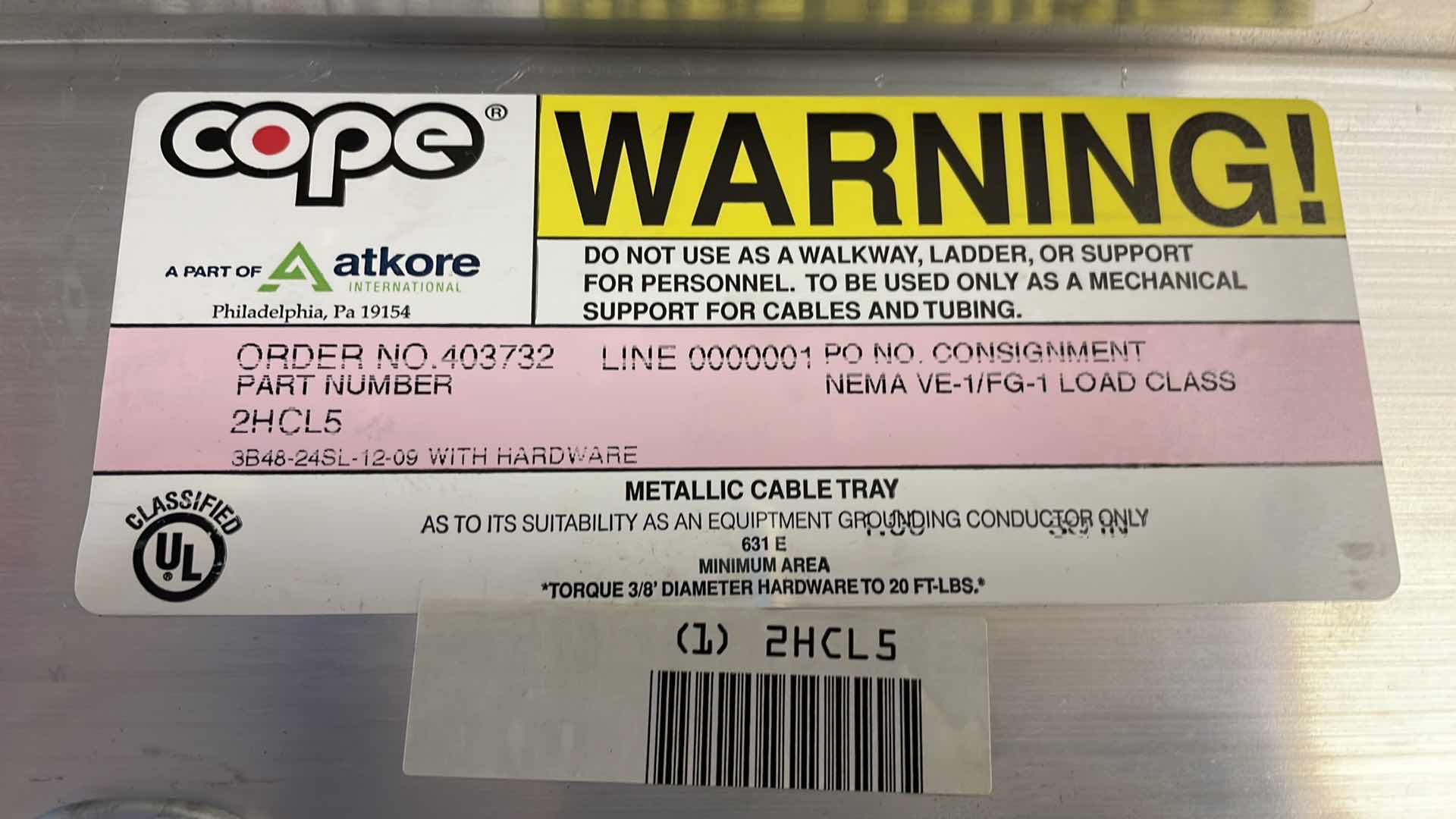 Photo 1 of COPE LADDER TRAY: 24 IN WD, 5 1/4", 12' LADDER TRAY LG, ALUMINUM, 100 LB MODEL 3B48-24SL-12-09 ITEM#2HCL5