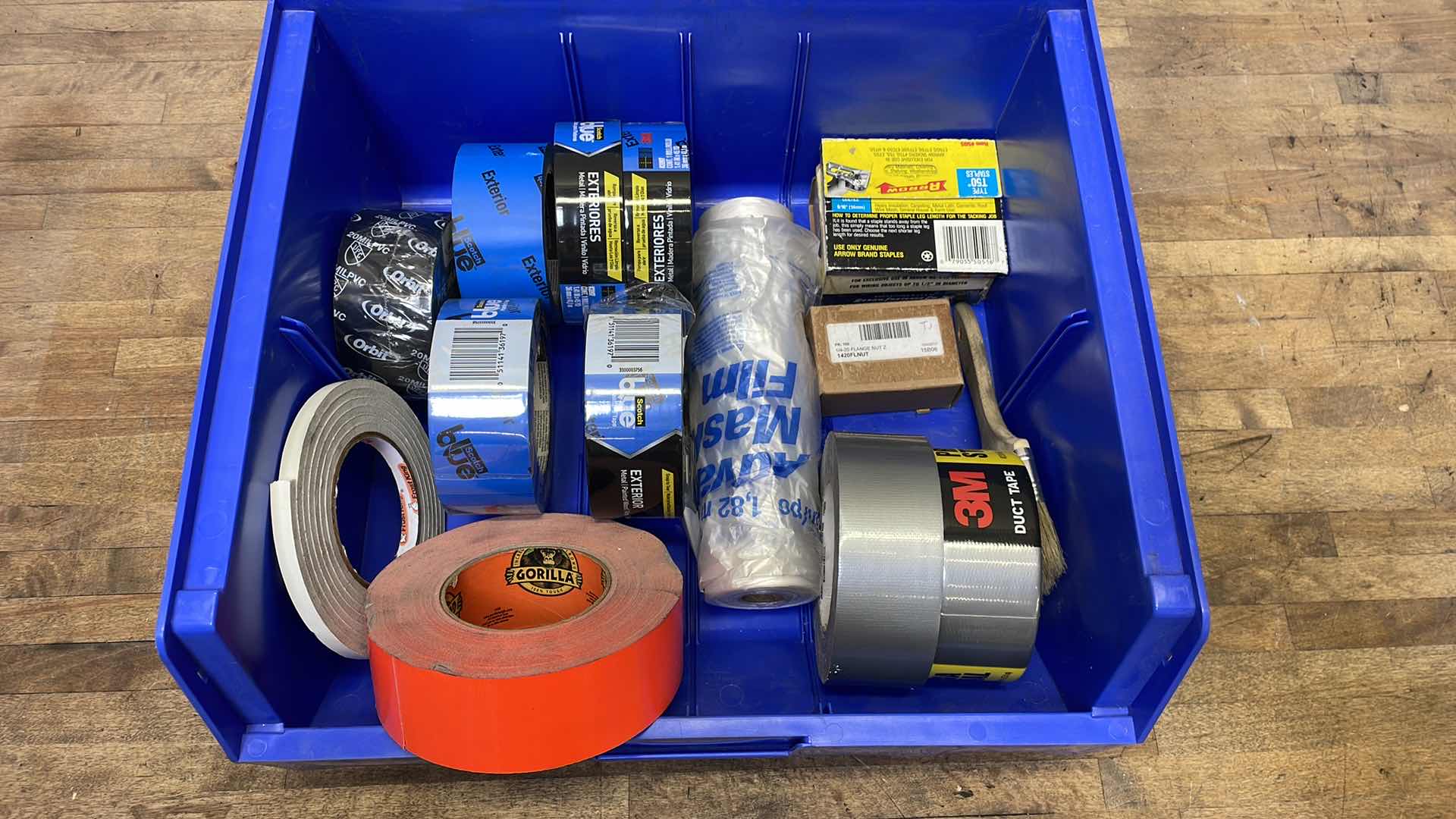 Photo 1 of DURHAM PB30250 BLUE PLASTIC BIN,16 X 15 X 7 WITH TAPES STAPLES NUTS