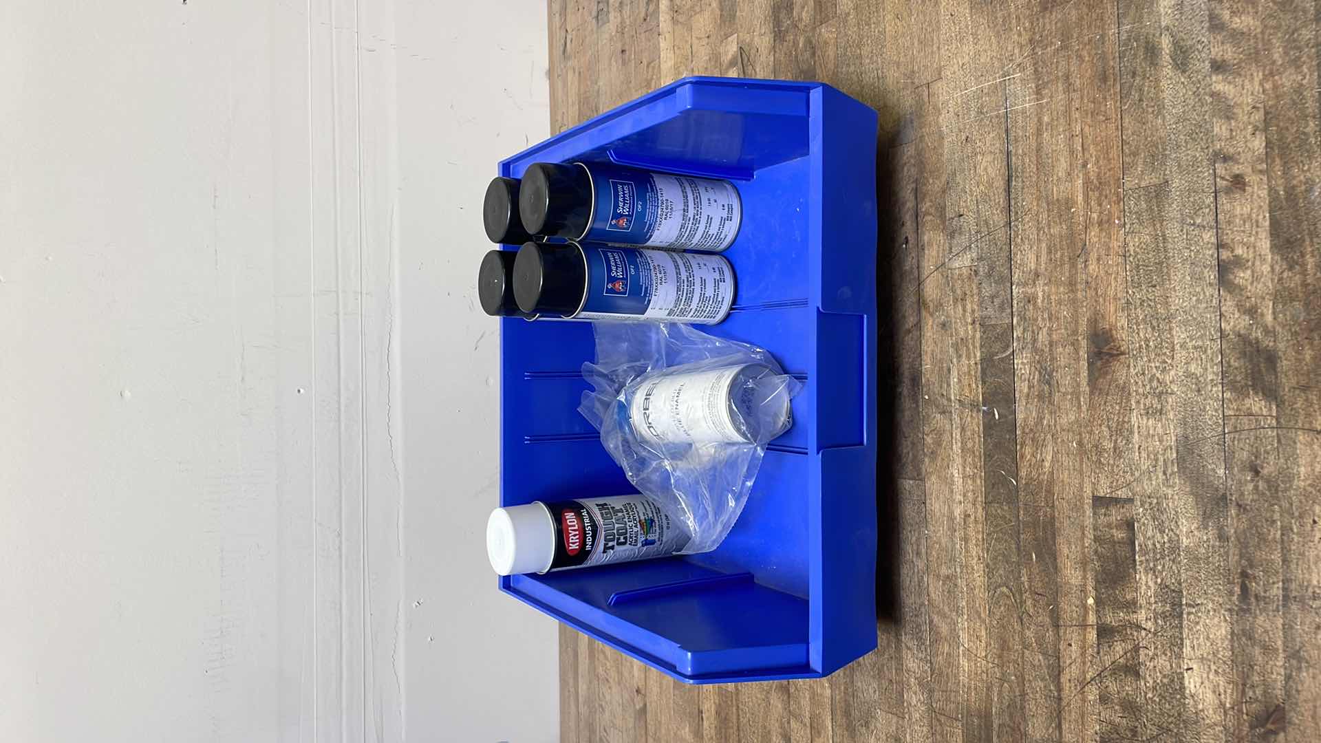 View 1 of DURHAM PB30250 BLUE PLASTIC BIN,16 X 15 X 7 WITH CONTENTS SPRAY PAINTS, RAL 6019 IS PASTEL GREEN