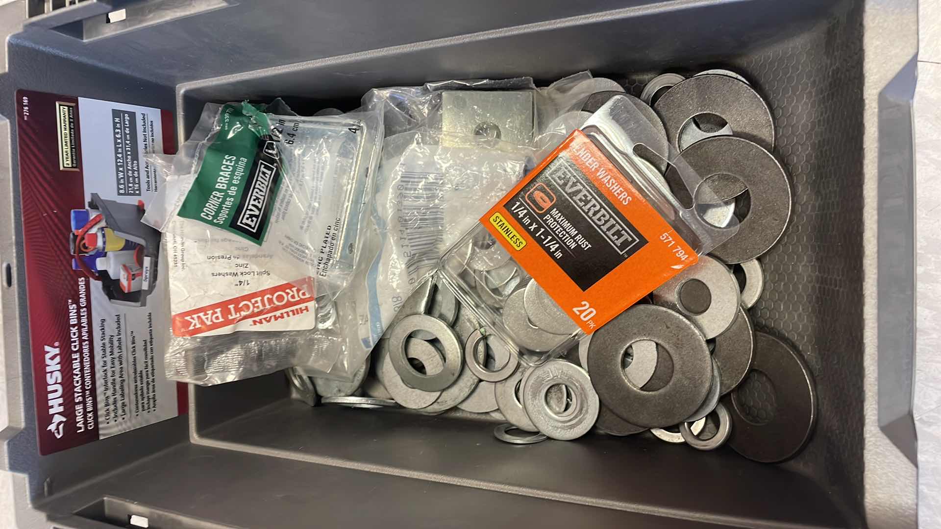 Photo 1 of FASTENERS, WASHERS, HOSE CLAMPS IN HUSKY STACKABLE CLICK BINS