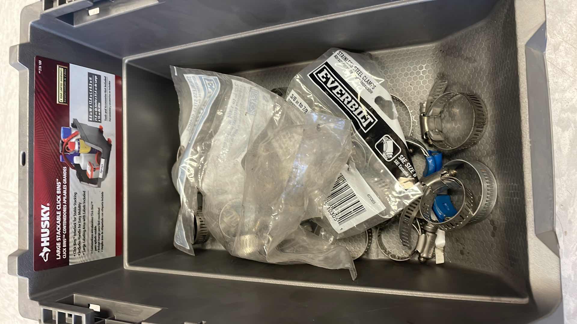 Photo 1 of FASTENERS, WASHERS, HOSE CLAMPS IN HUSKY STACKABLE CLICK BINS