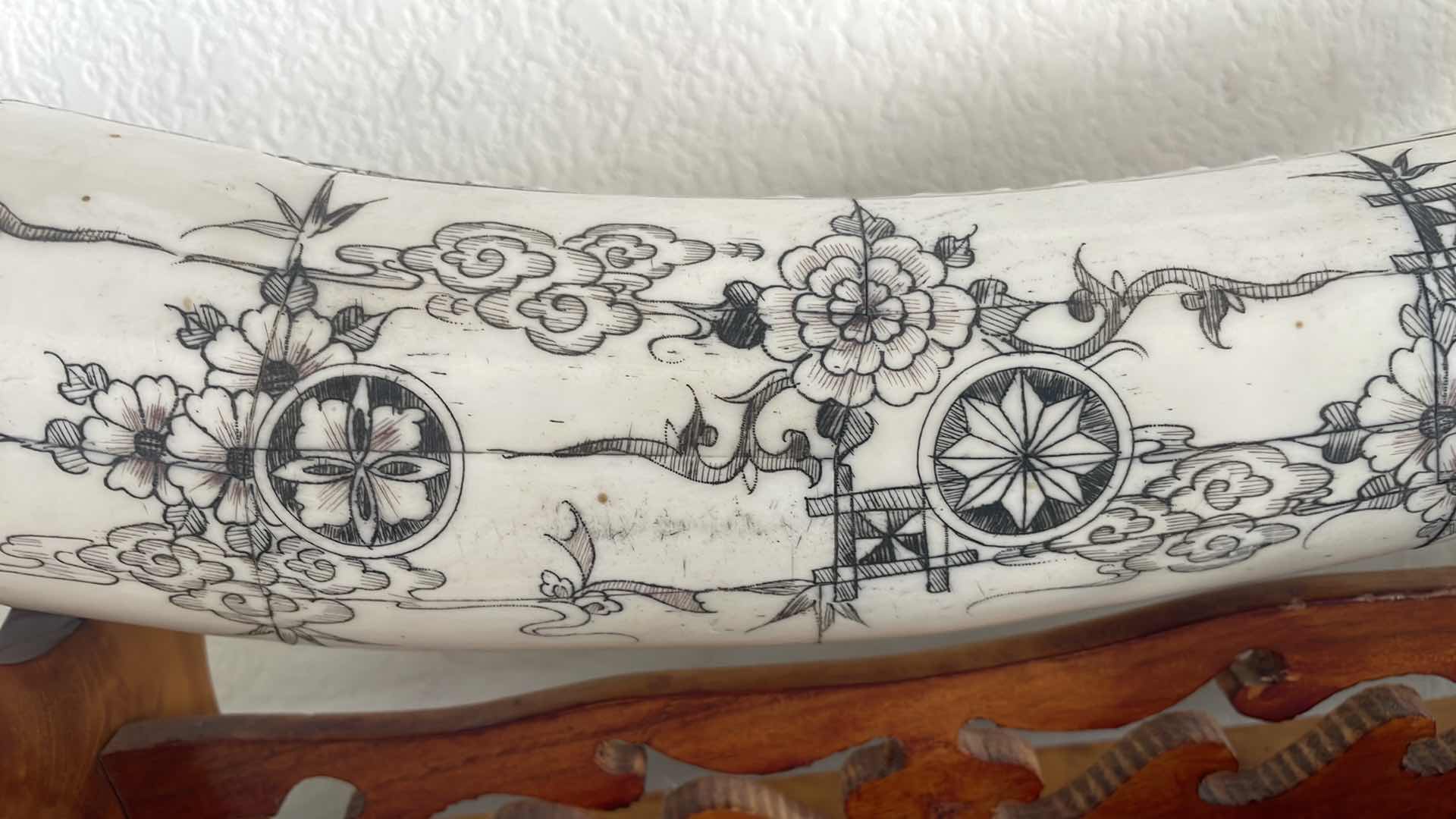 Photo 1 of CARVED BONE TUSK DRAGON SWORD 28” ON WOOD STAND