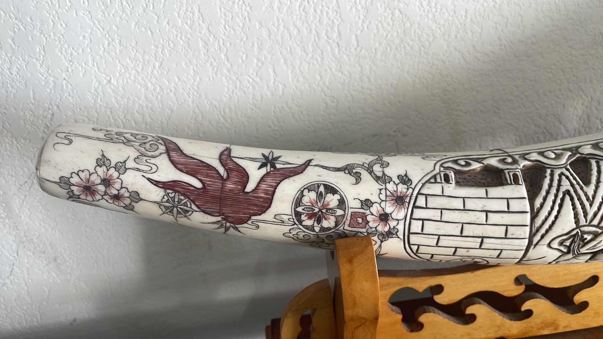 Photo 1 of CARVED BONE TUSK DRAGON SWORD 28” ON WOOD STAND