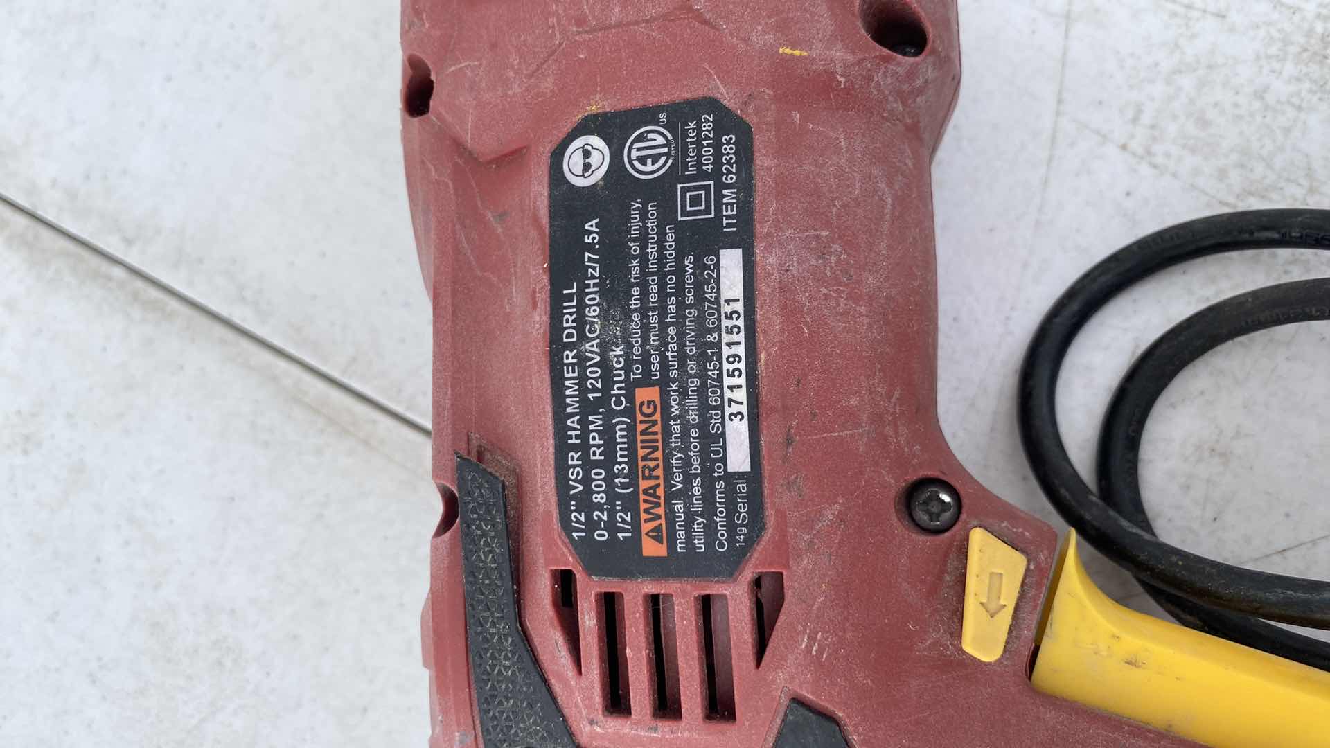 Photo 1 of CHICAGO ELECTRIC POWER TOOLS 1/2” VSR HAMMAR DRILL 0-2, 800 RPM