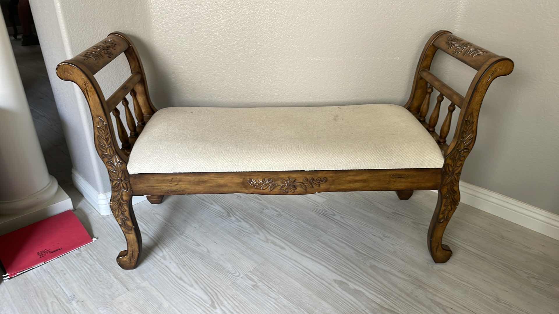 Photo 1 of FRENCH STYLE CARVED WOOD & FABRIC BENCH