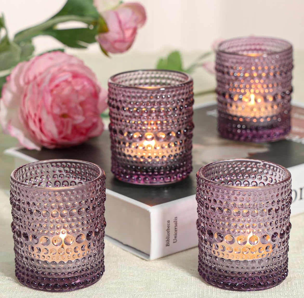 Photo 3 of 48 PCS VOTIVE CANDLE HOLDERS, PURPLE GLASS CANDLE HOLDERS BULK FOR TABLE CENTERPIECE, TEA LIGHTS CANDLE HOLDER FOR WEDDING SHOWER, PARTY AND HOME DECOR