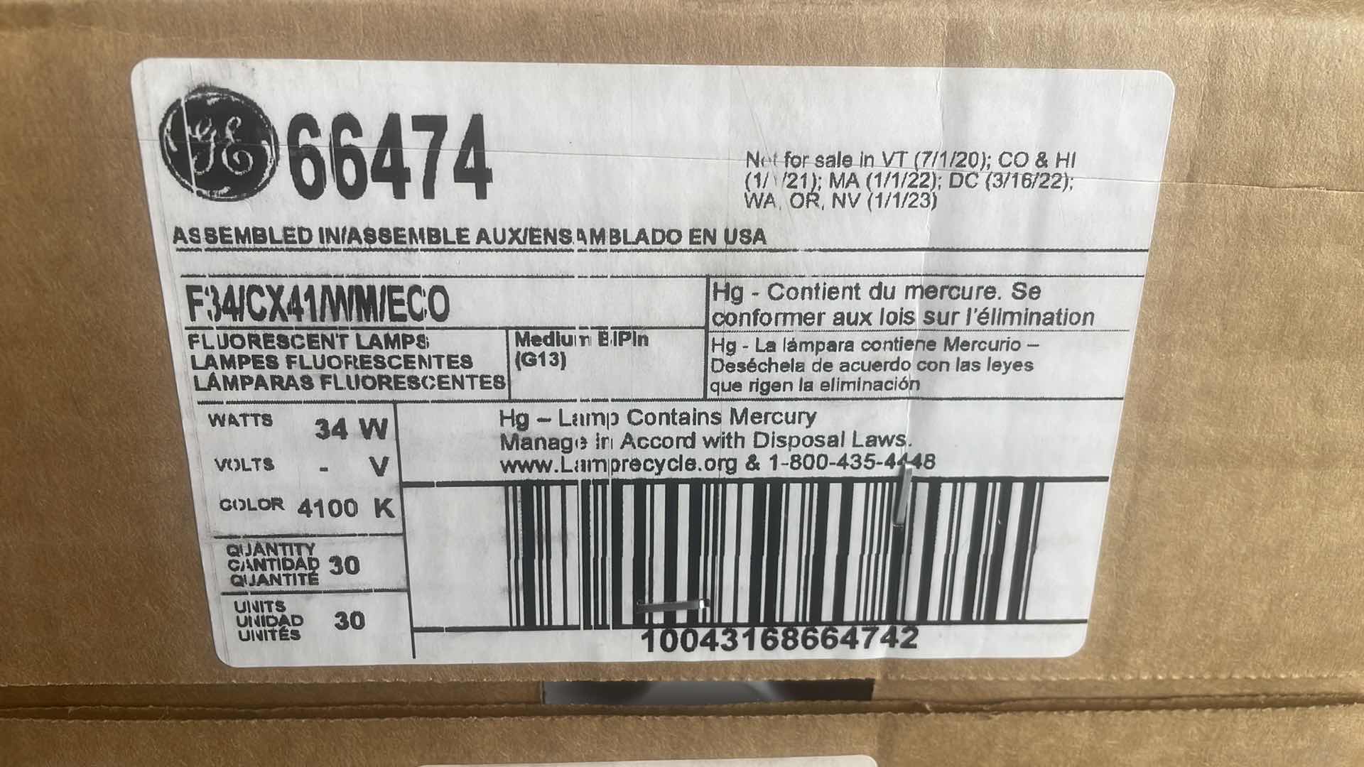 Photo 1 of GE 66474 - F34/CX41/WM/ECO T12 48” LINEAR FLUORESCENT LAMP CASE OF 30