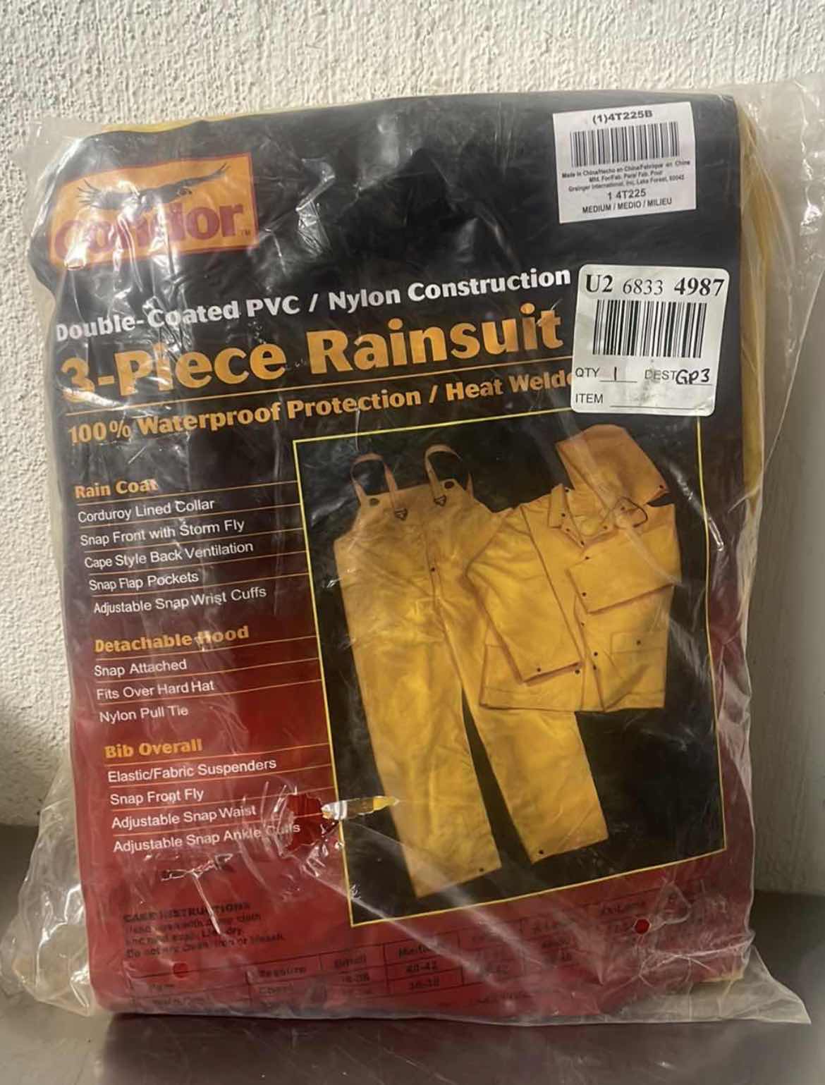 Photo 1 of CONDOR 3-PIECE RAINSUIT WITH DETACHABLE HOOD: YELLOW, MEDIUM, HEAVY DUTY PVC, 13.8 MIL THICK