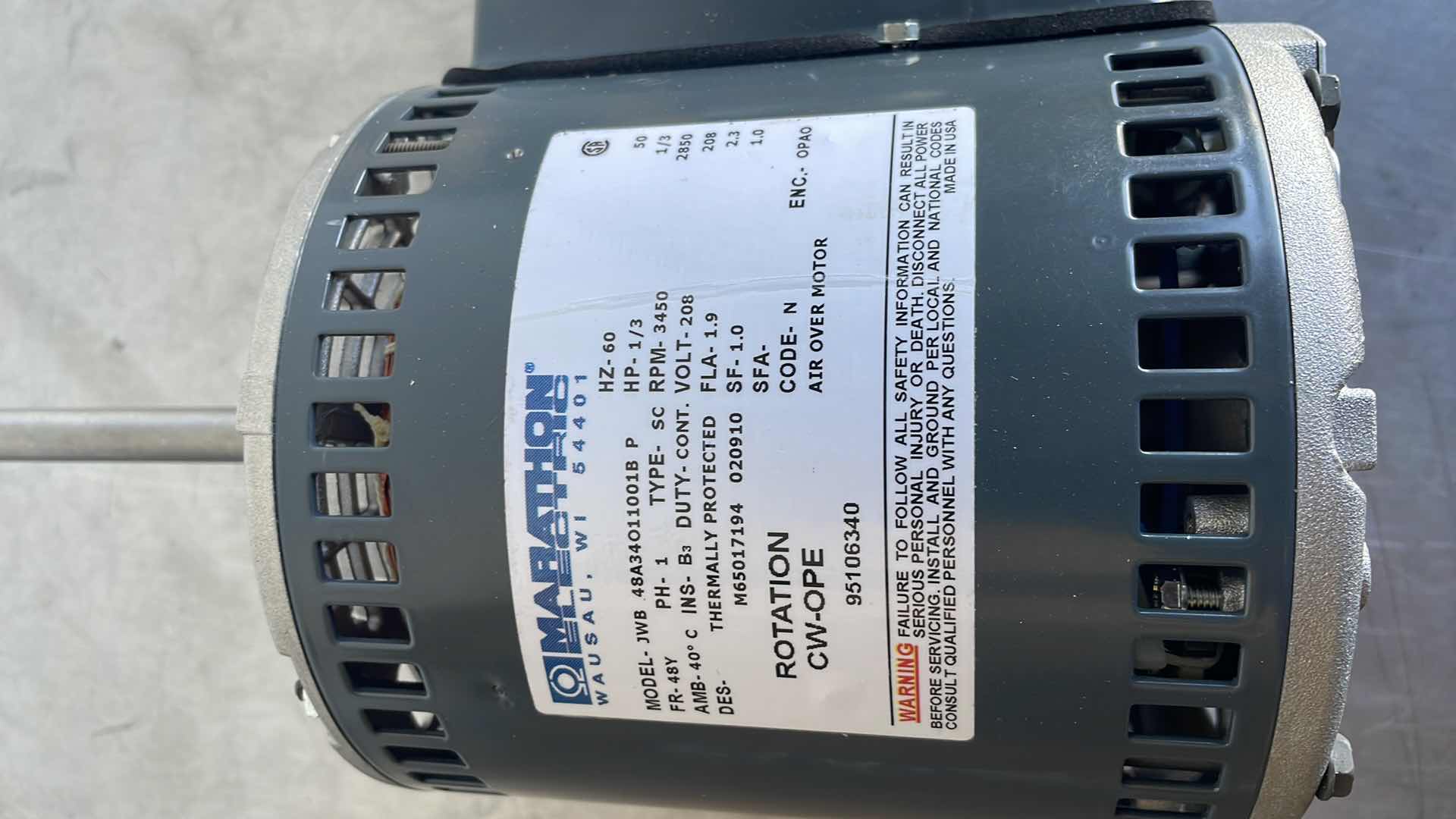 Photo 1 of MARATHON ELECTRIC  HVAC 1/3 HP 3450RPM 208V SINGLE PHASE MODEL JWB 48A340110018 P