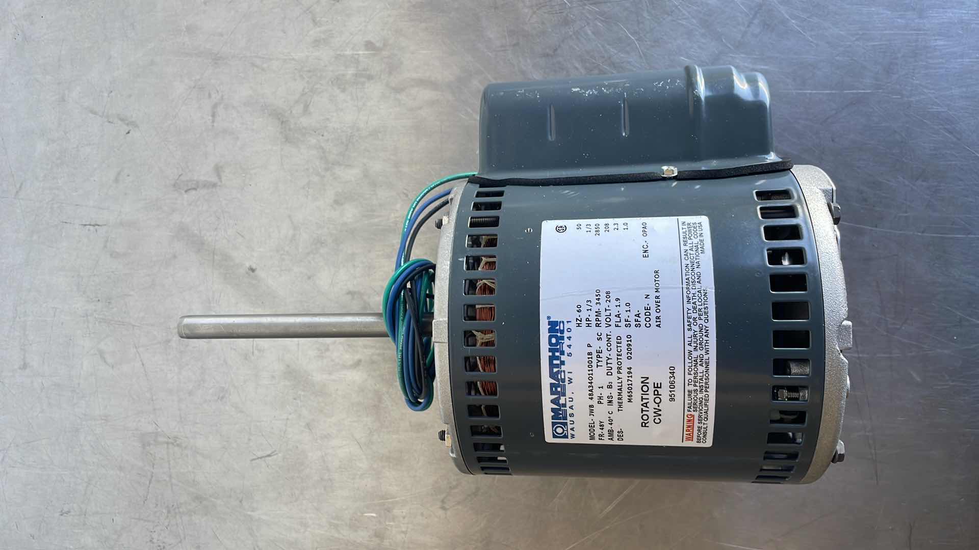 Photo 1 of MARATHON ELECTRIC  HVAC 1/3 HP 3450RPM 208V SINGLE PHASE MODEL JWB 48A340110018 P