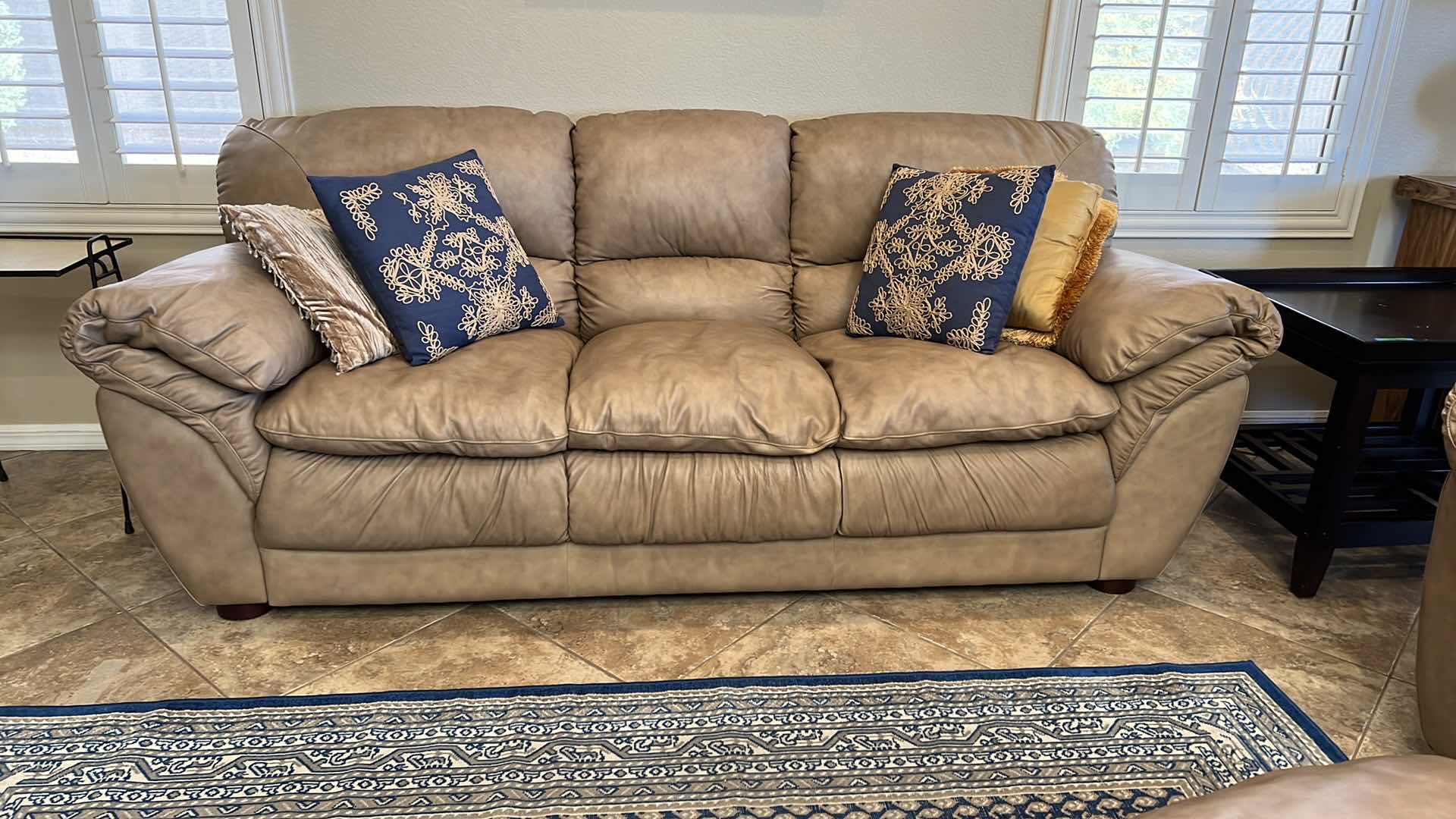 Photo 1 of 7’ TAN LEATHER SOFA W DECORATIVE PILLOWS