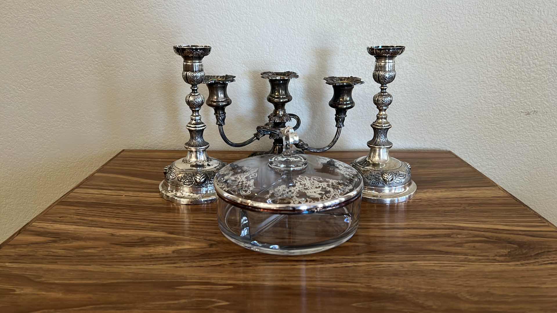 Photo 1 of SILVER-PLATED CANDLEHOLDERS, VINTAGE GLASS COVERED CANDY DISH
