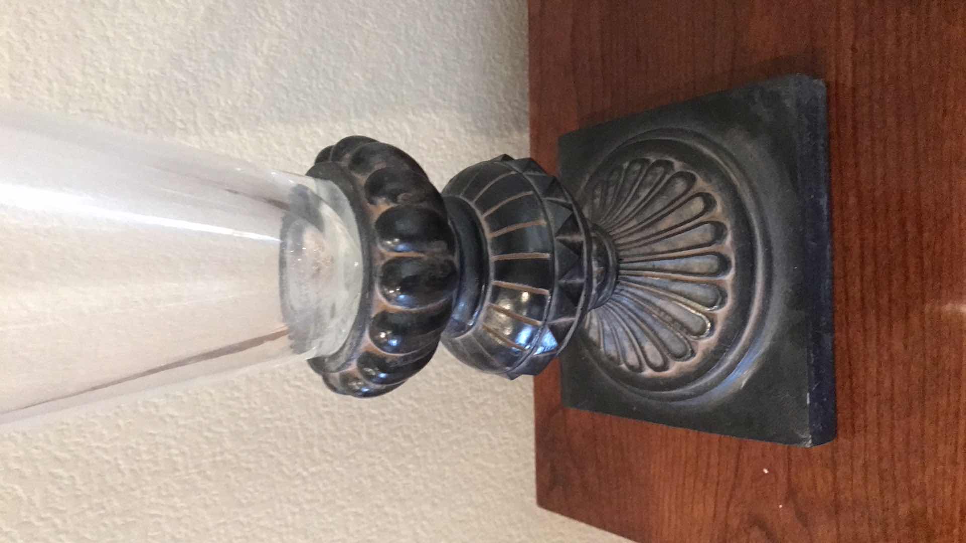 Photo 1 of LARGE GLASS VASE ON WOOD STAND H 20”