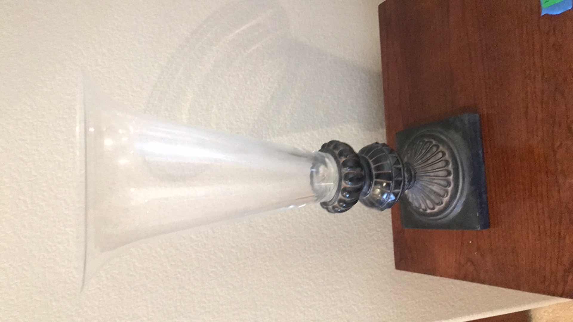 Photo 1 of LARGE GLASS VASE ON WOOD STAND H 20”