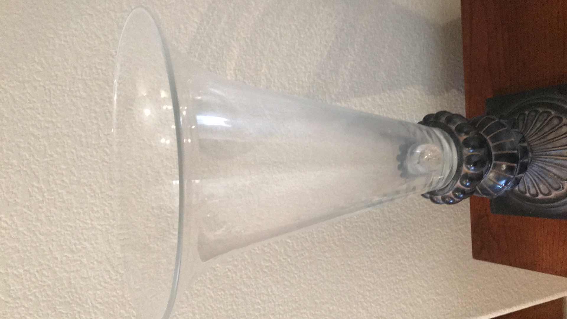 Photo 1 of LARGE GLASS VASE ON WOOD STAND H 20”