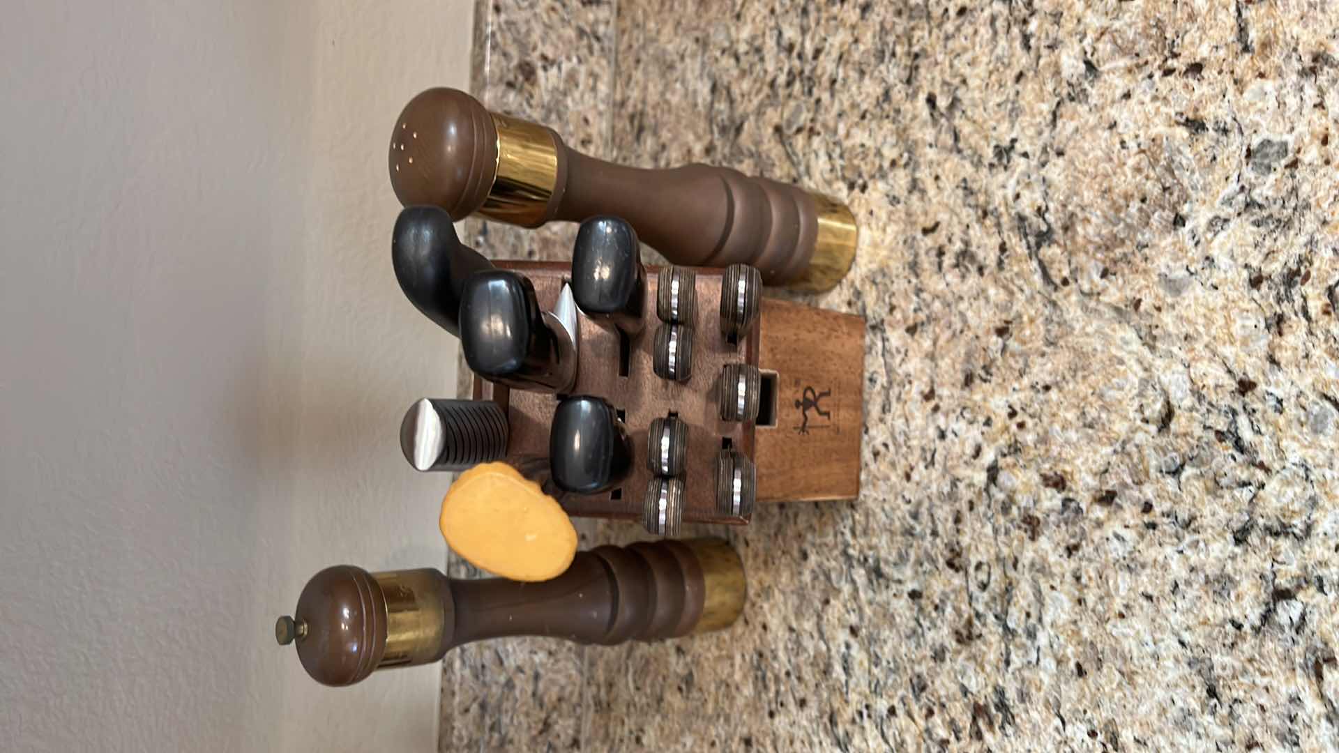 Photo 1 of HENCKELS KNIFES W WOOD HOLDER, WOOD SALT/PEPPER SHAKERS