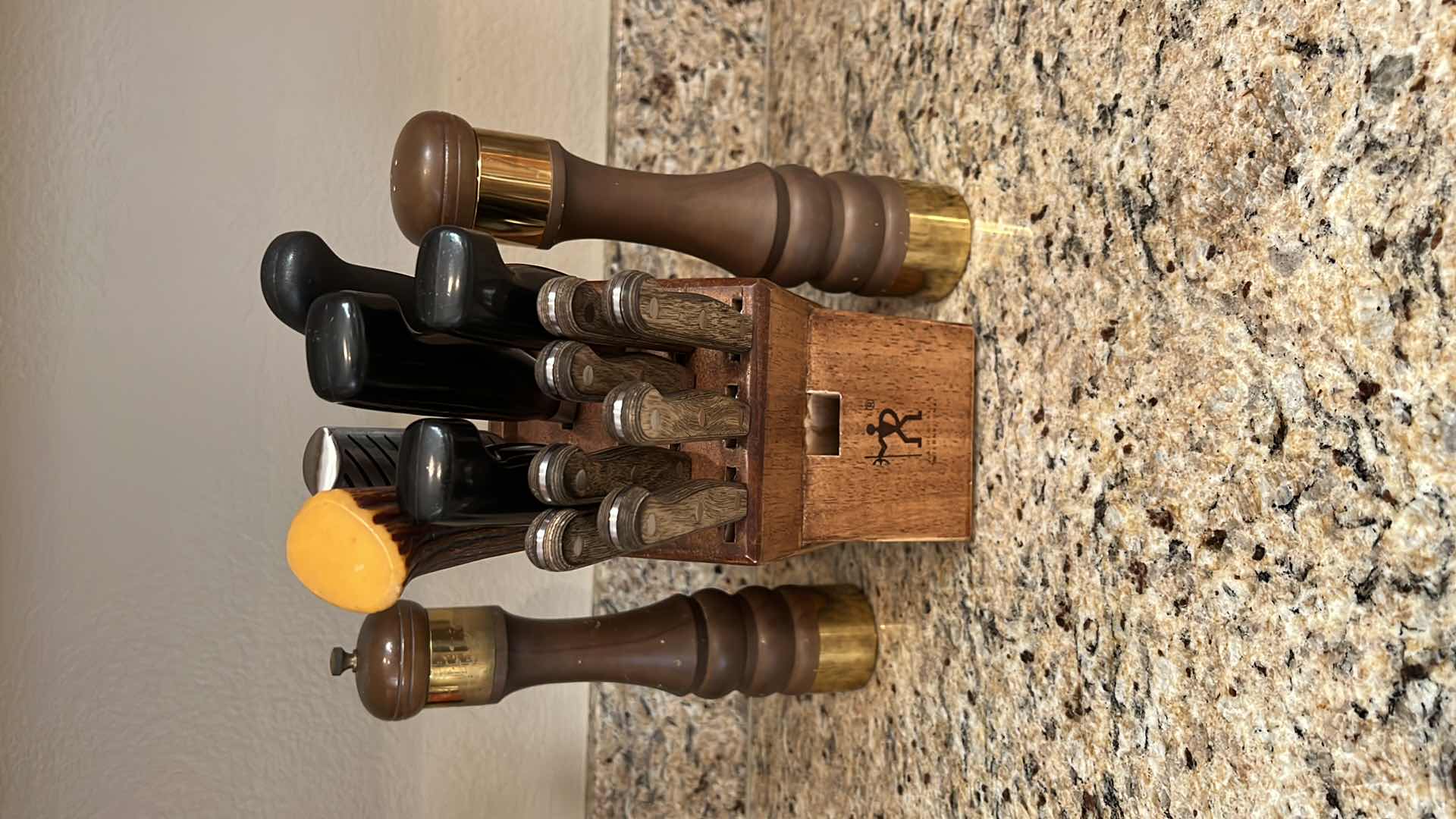 Photo 1 of HENCKELS KNIFES W WOOD HOLDER, WOOD SALT/PEPPER SHAKERS