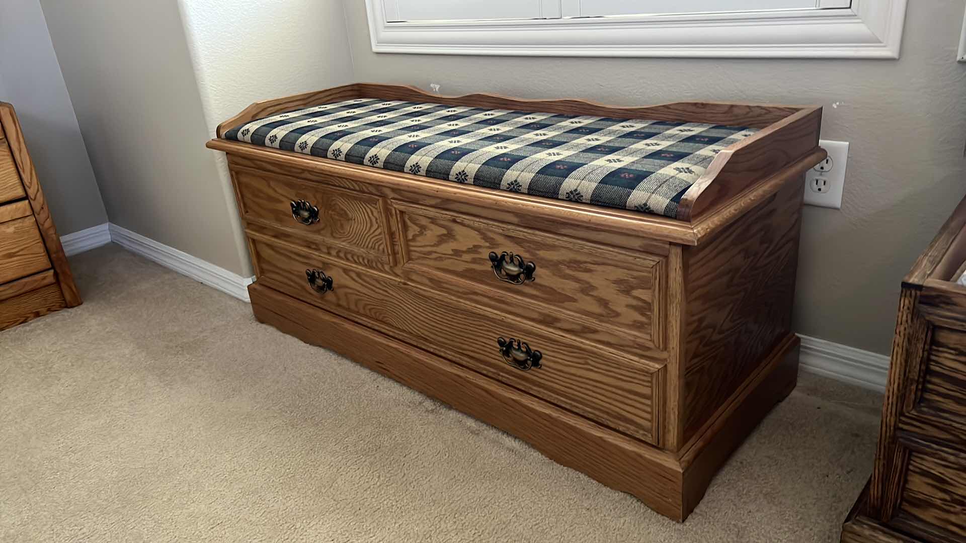 Photo 2 of OAK W UPHOLSTERED TOP STORAGE CHEST BENCH 48” x 18” H22” (CONTENTS INCLUDED)