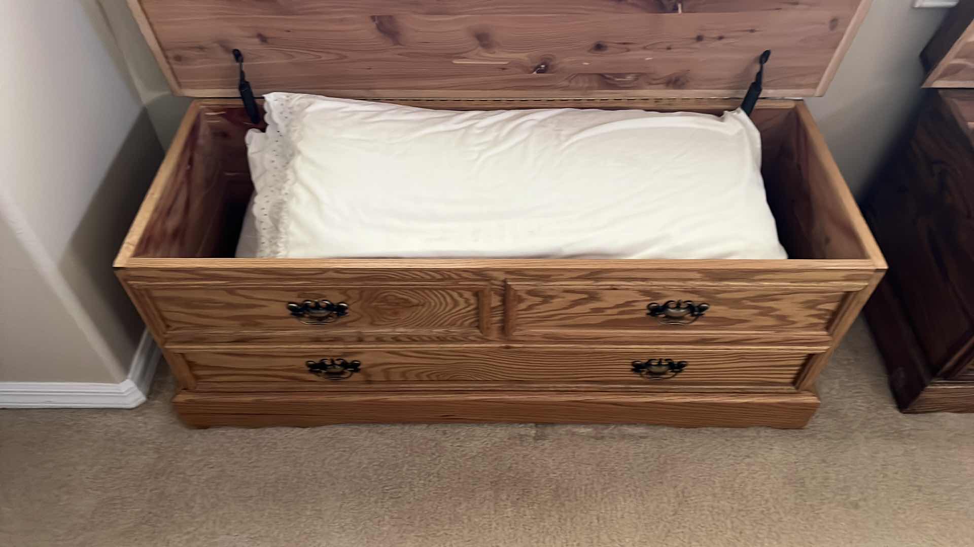 Photo 4 of OAK W UPHOLSTERED TOP STORAGE CHEST BENCH 48” x 18” H22” (CONTENTS INCLUDED)