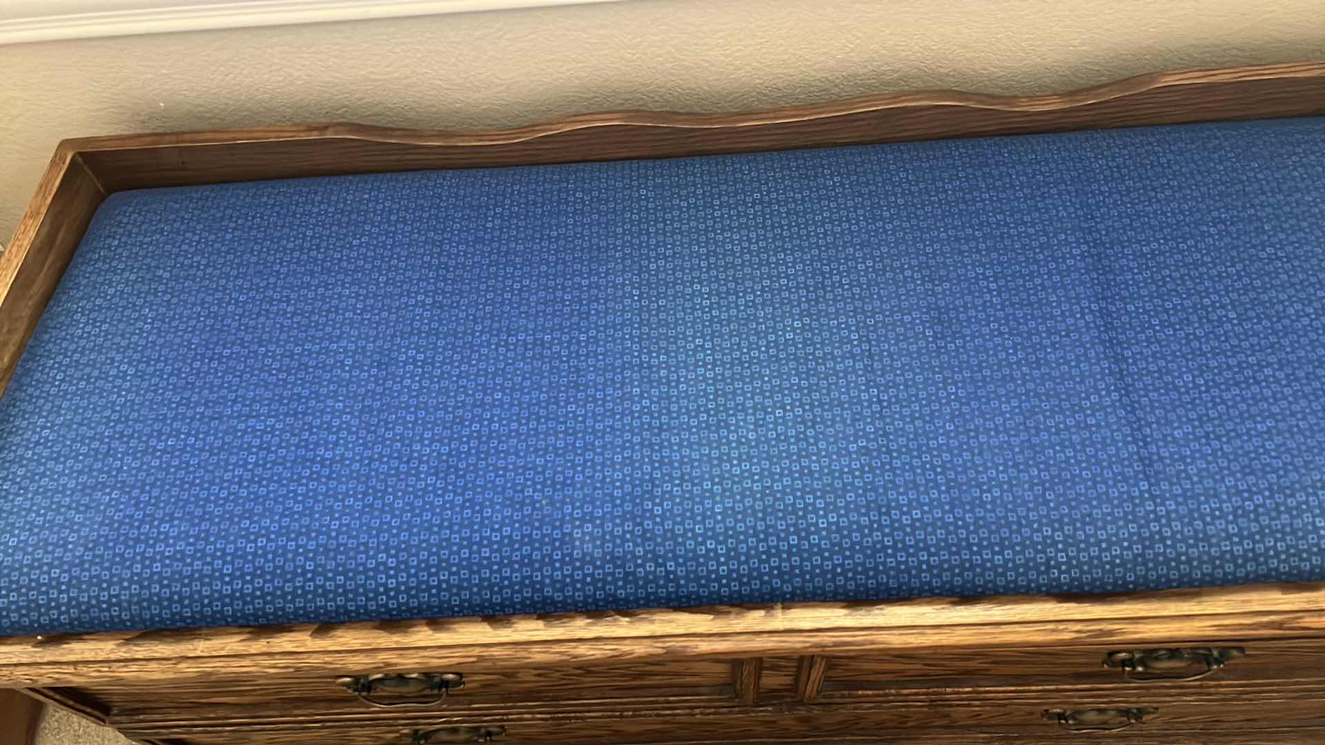 Photo 1 of OAK W UPHOLSTERED TOP STORAGE CHEST BENCH 48” x 18” H22” (CONTENTS INCLUDED)