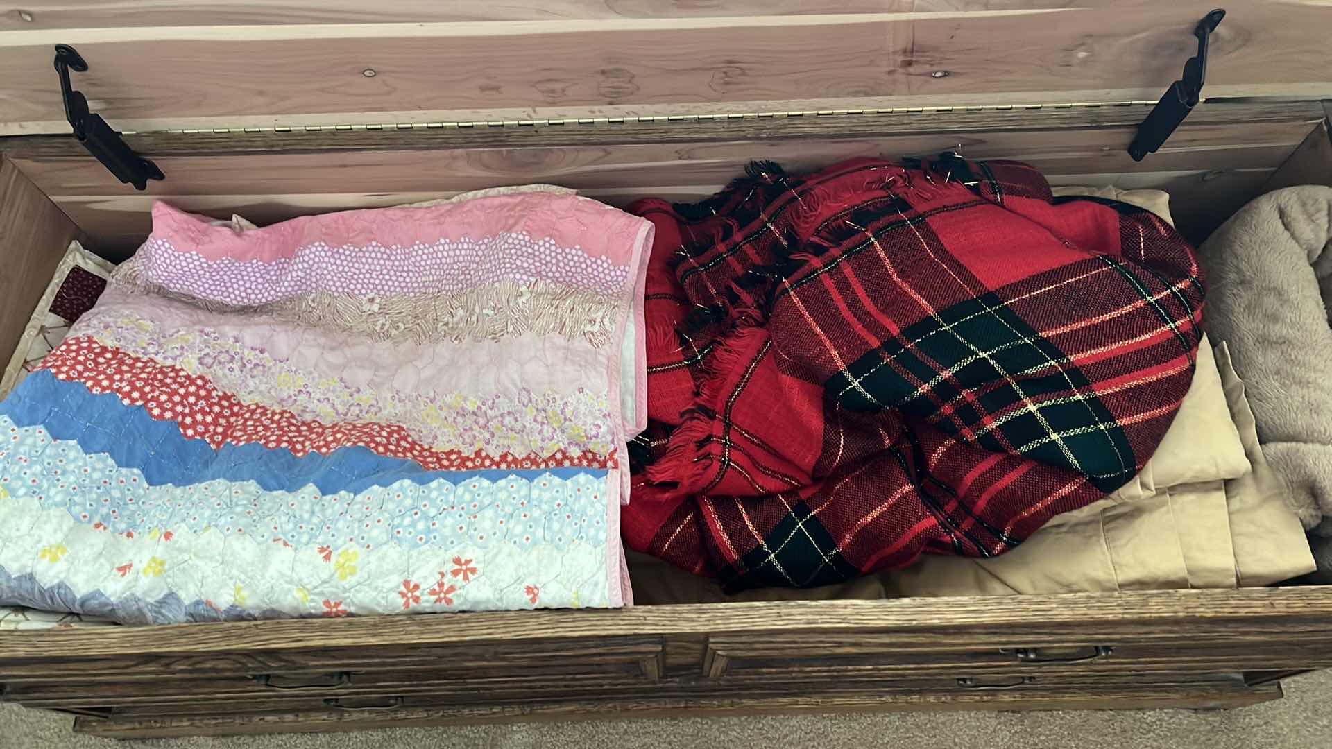 Photo 1 of OAK W UPHOLSTERED TOP STORAGE CHEST BENCH 48” x 18” H22” (CONTENTS INCLUDED)