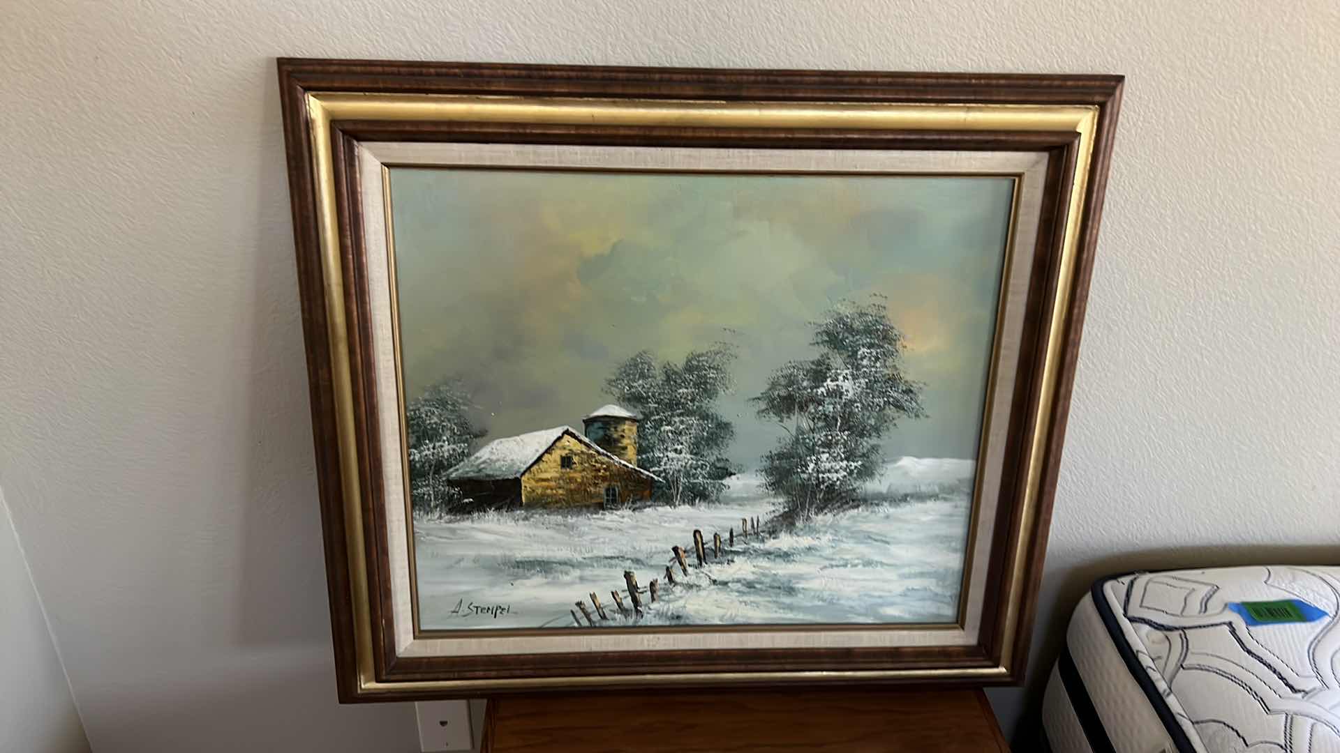 Photo 2 of VINTAGE FRAMED FARMHOUSE OIL PAINTING SIGNED BY ARTIST 31” x 28”