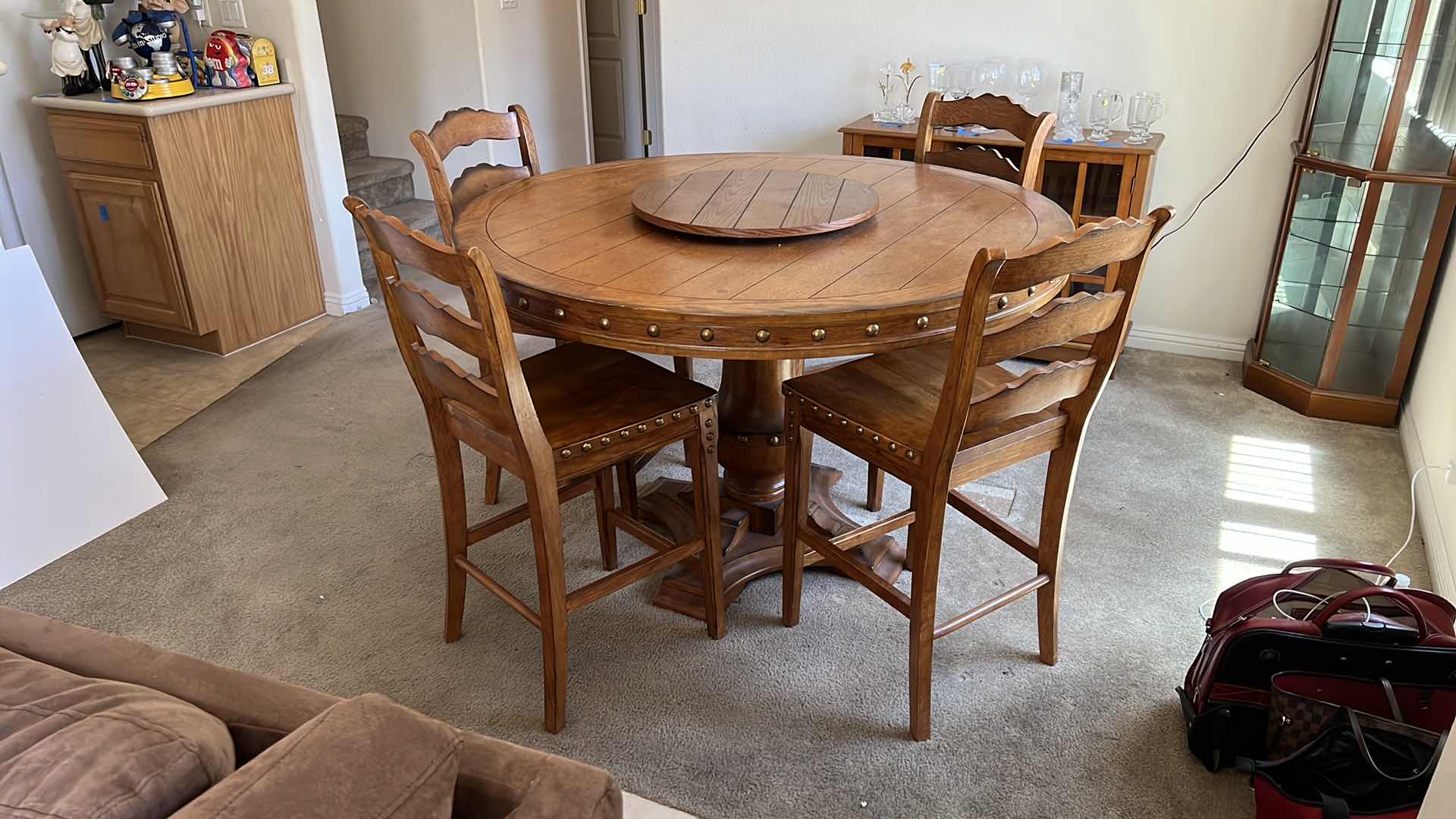 Photo 1 of 53” ROUND WOOD W BRASS STUDS PUB TABLE W 4  PUB SIDE CHAIRS H34”