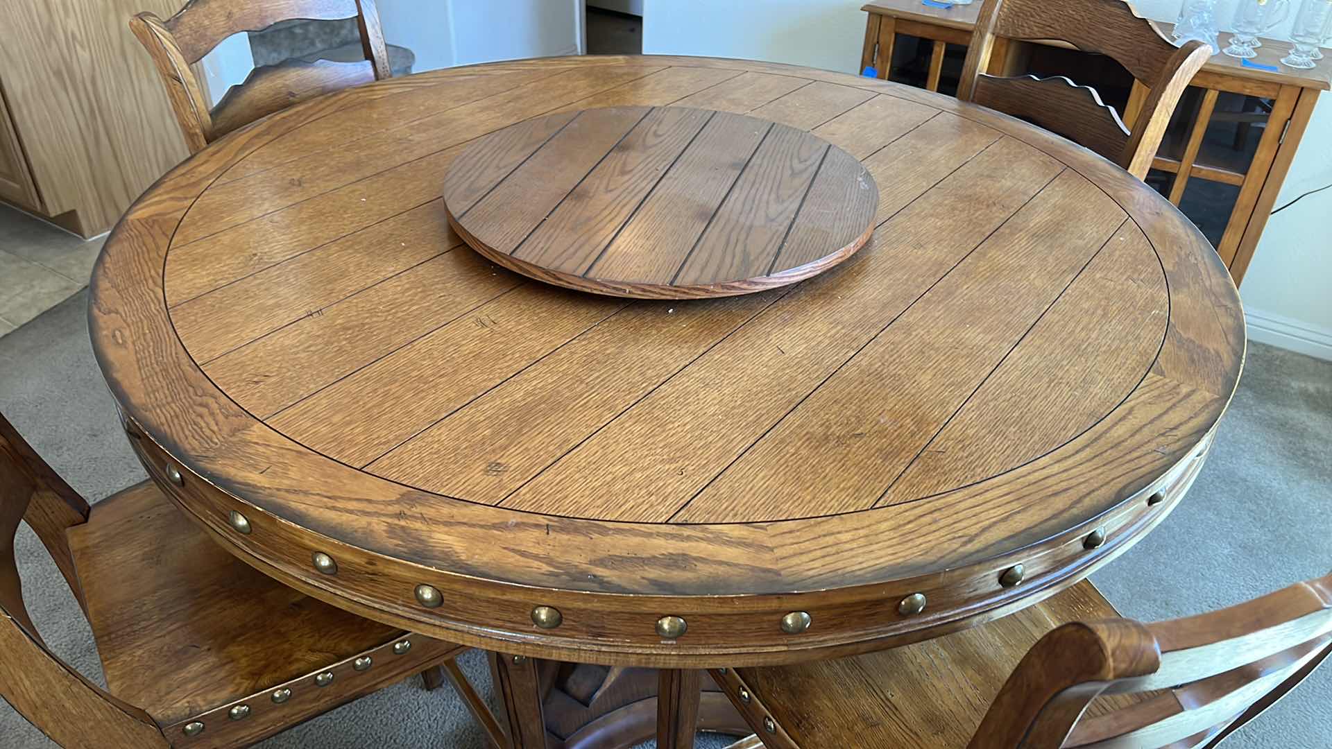 Photo 1 of 53” ROUND WOOD W BRASS STUDS PUB TABLE W 4  PUB SIDE CHAIRS H34”