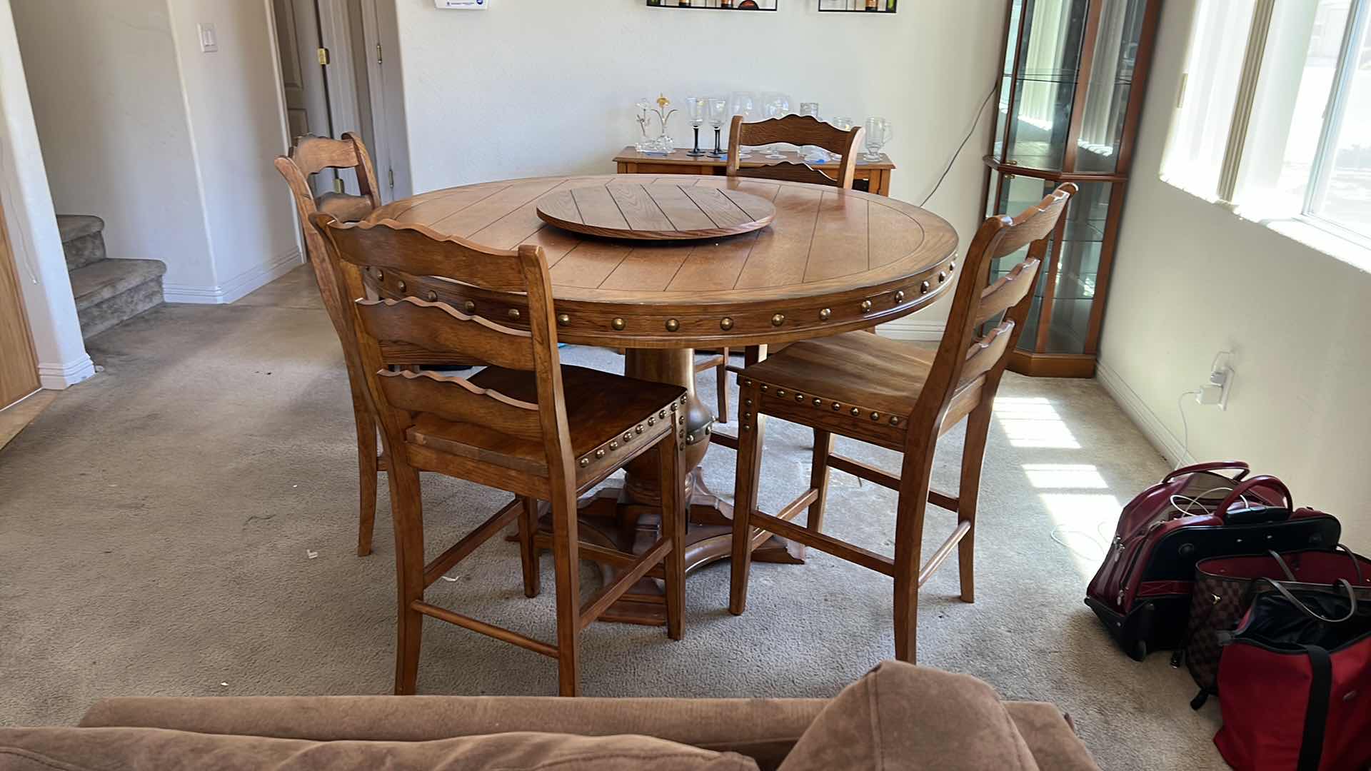 Photo 1 of 53” ROUND WOOD W BRASS STUDS PUB TABLE W 4  PUB SIDE CHAIRS H34”