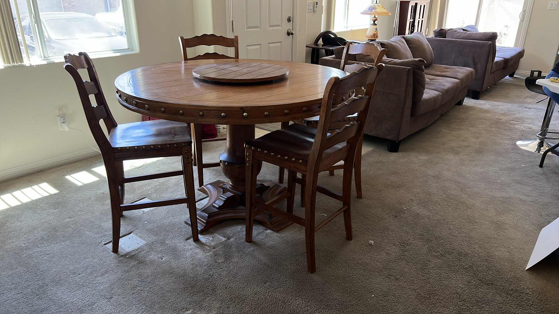 Photo 1 of 53” ROUND WOOD W BRASS STUDS PUB TABLE W 4  PUB SIDE CHAIRS H34”