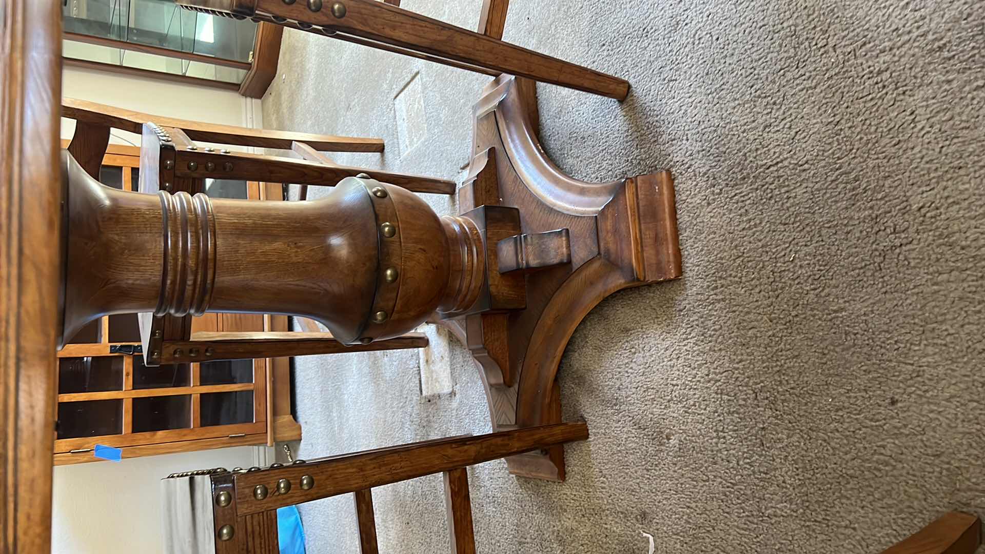 Photo 1 of 53” ROUND WOOD W BRASS STUDS PUB TABLE W 4  PUB SIDE CHAIRS H34”
