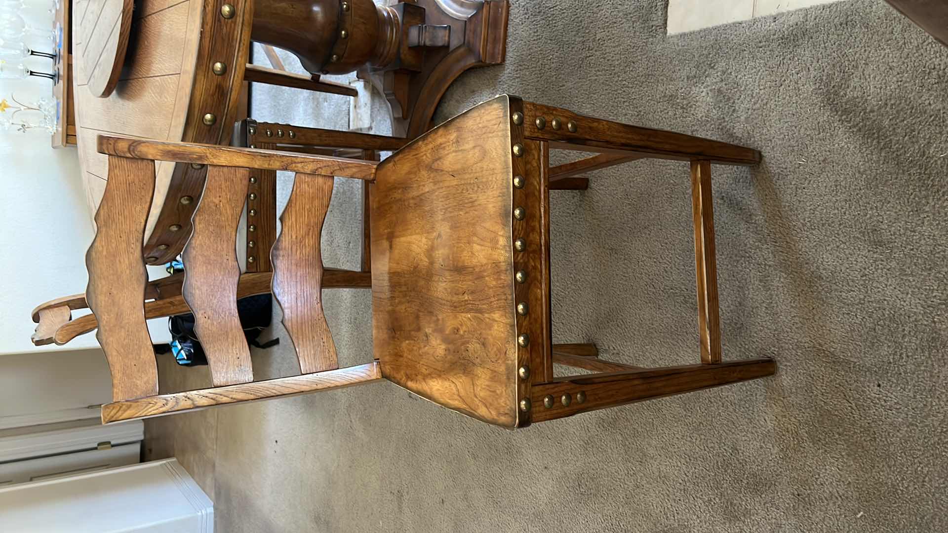 Photo 1 of 53” ROUND WOOD W BRASS STUDS PUB TABLE W 4  PUB SIDE CHAIRS H34”