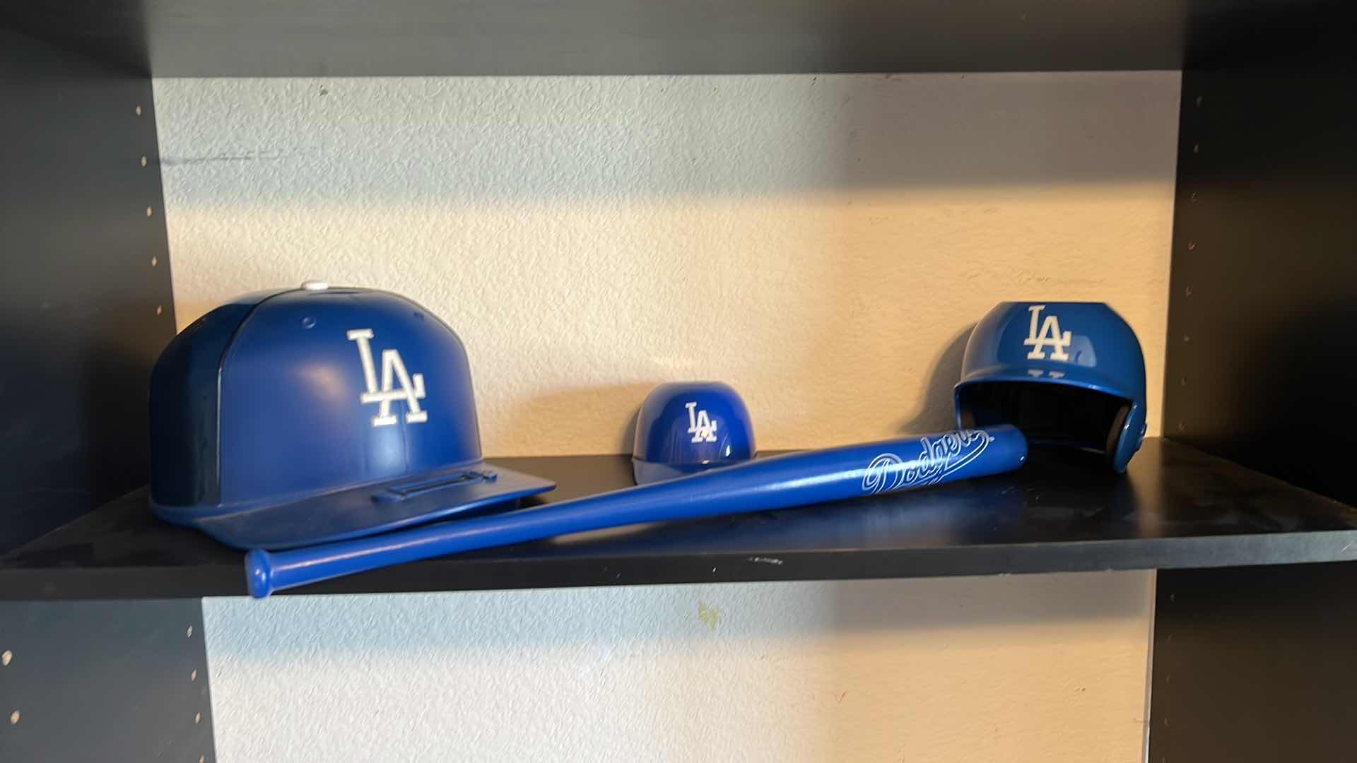 Photo 1 of 4 DODGERS MEMORABILIA. BAT, 2 HELMETS, BANK