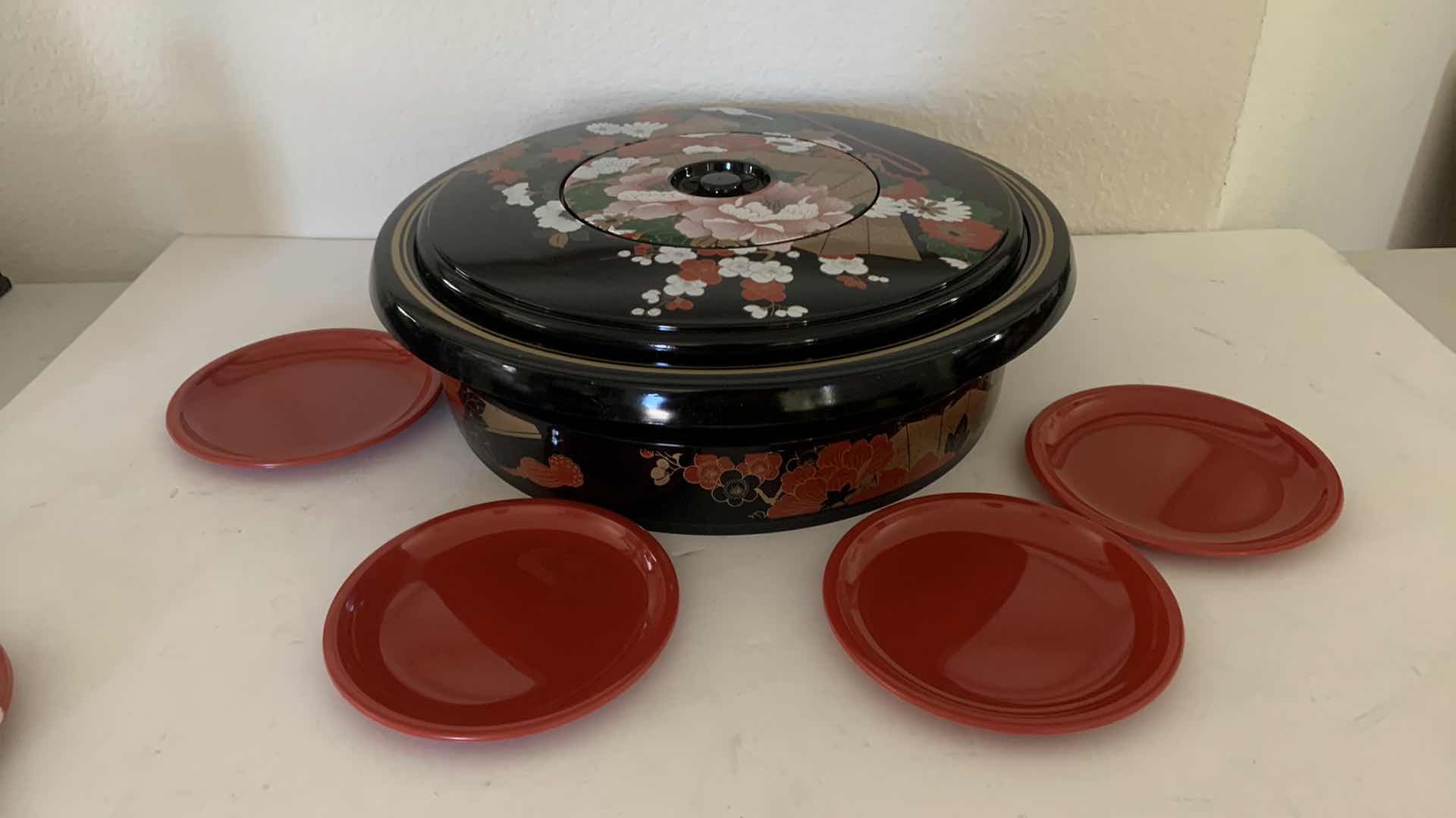 Photo 1 of NIB BLACK LACQUER W. FLORAL  DESIGN APPETIZER/SNACK SERVING SET.