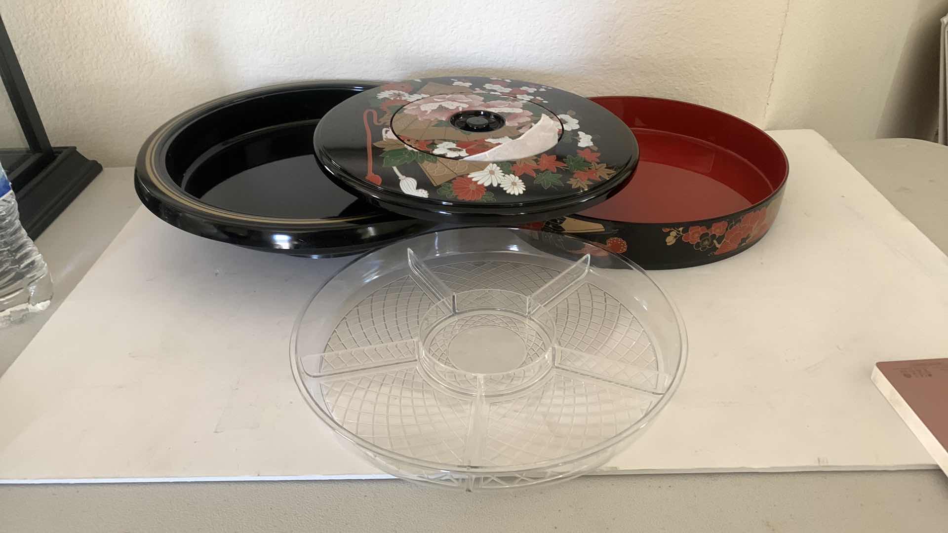 Photo 1 of NIB BLACK LACQUER W. FLORAL  DESIGN APPETIZER/SNACK SERVING SET.