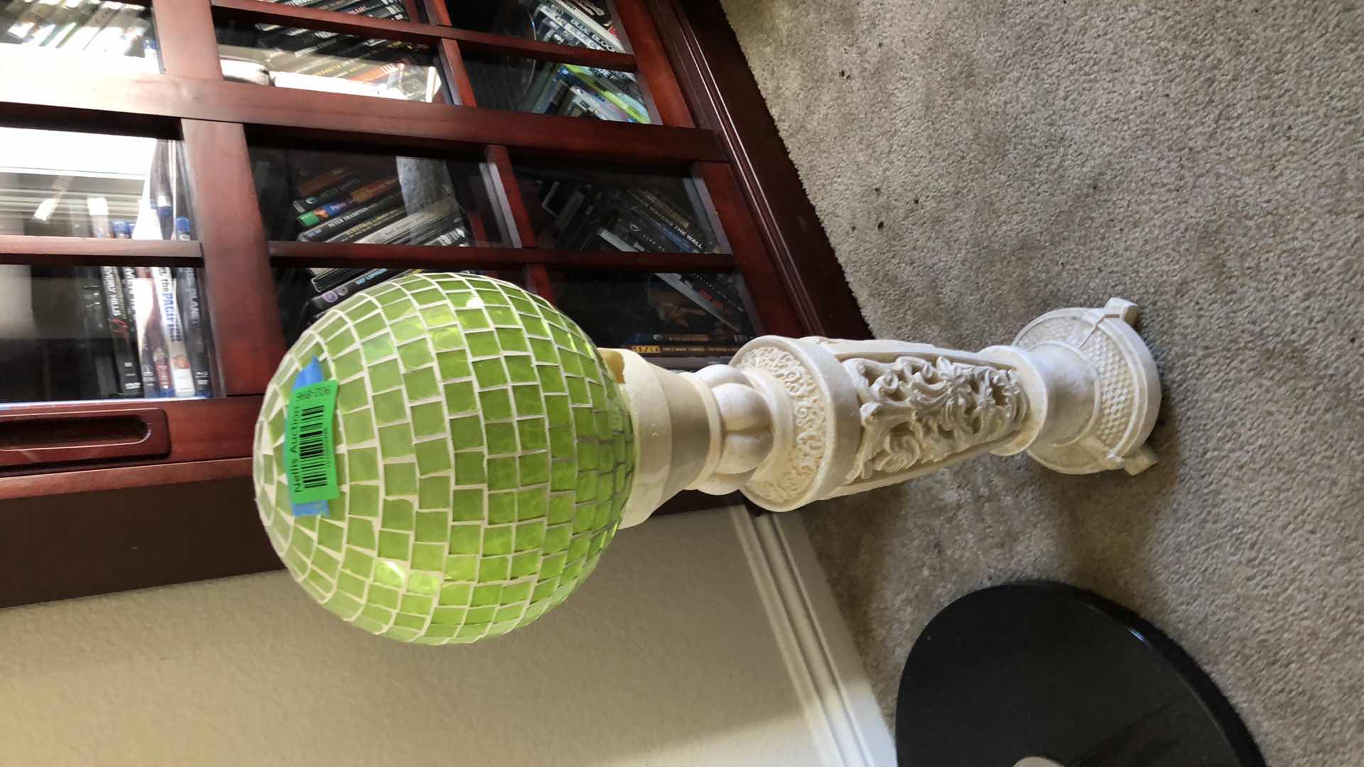 Photo 1 of OUTDOOR DECOR, GREEN GLASS GAZING BALL ON PEDESTAL, H28”