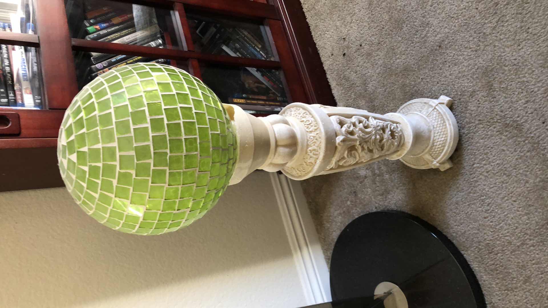 Photo 2 of OUTDOOR DECOR, GREEN GLASS GAZING BALL ON PEDESTAL, H28”