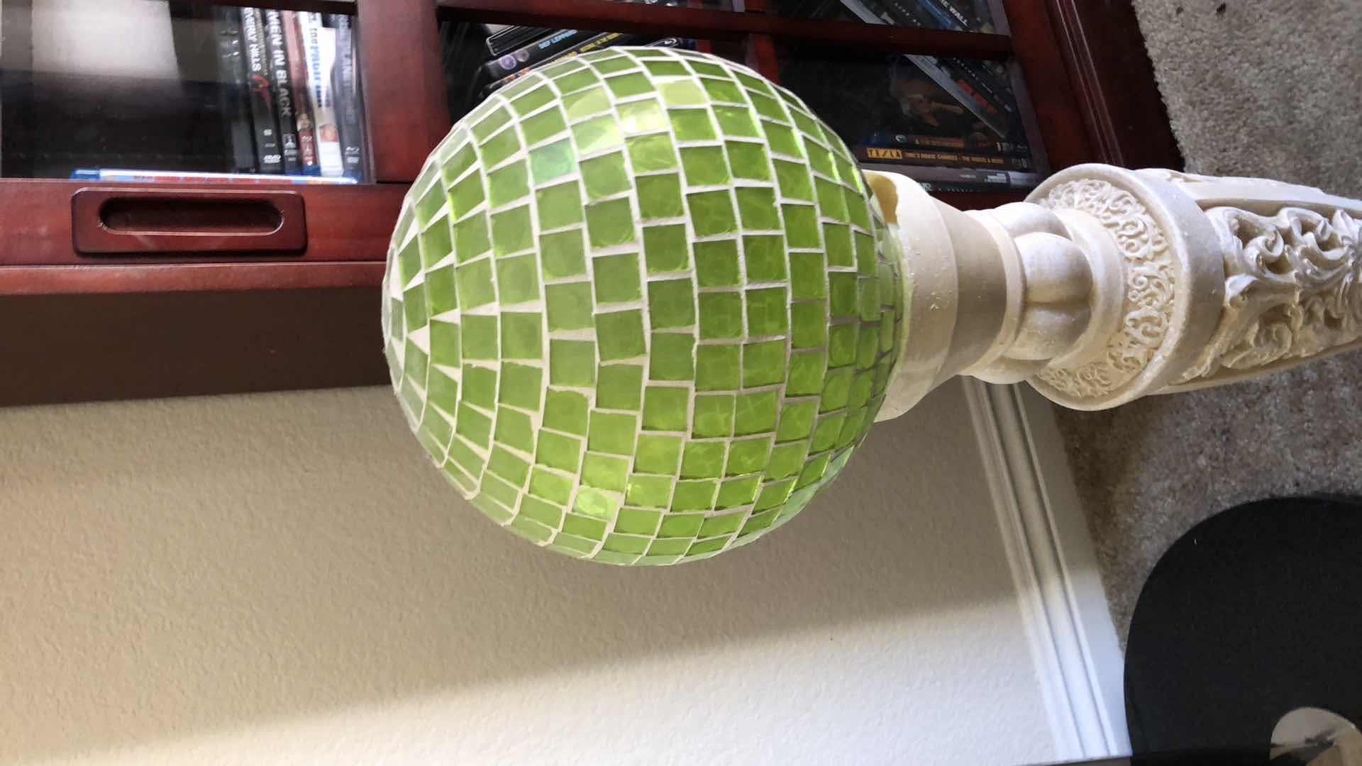 Photo 1 of OUTDOOR DECOR, GREEN GLASS GAZING BALL ON PEDESTAL, H28”