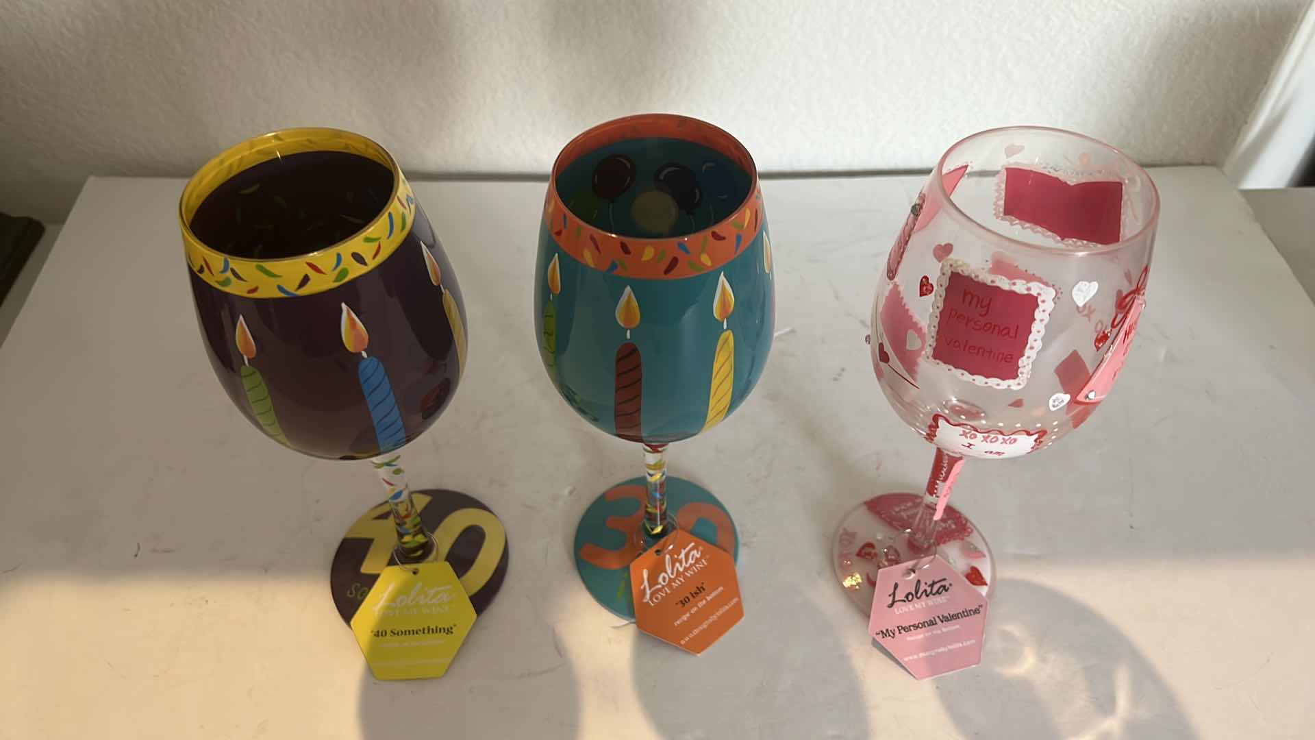 Photo 2 of 3-COLLECTIBLE LOLITA HAND PAINTED BIRTHDAY WINE GLASSES
