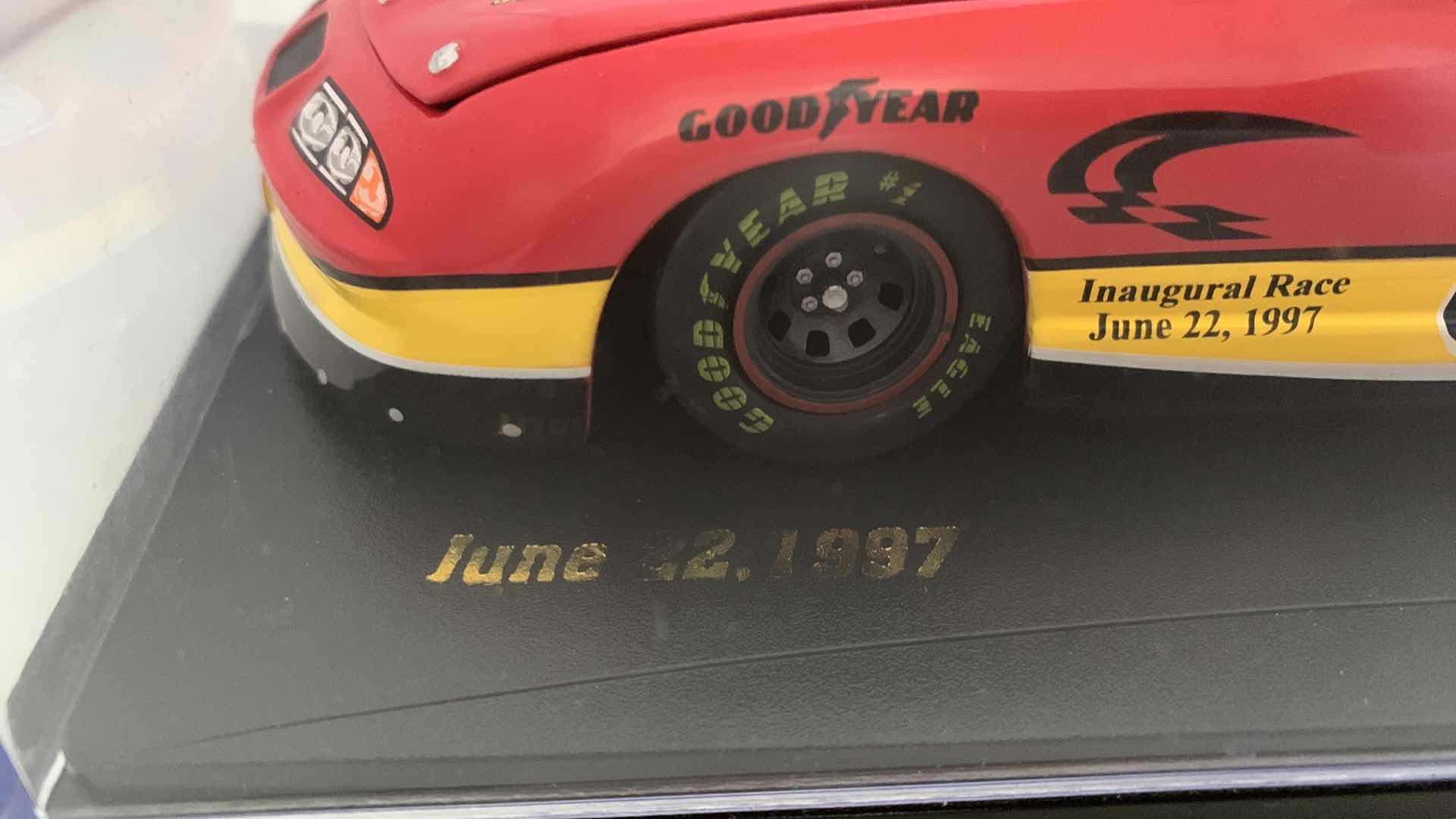 Photo 1 of SPORTS IMPRESSIONS JUNE 22, 1997 CALIFORNIA THUNDER DIE CAST RACE CAR IN SHOW CASE.