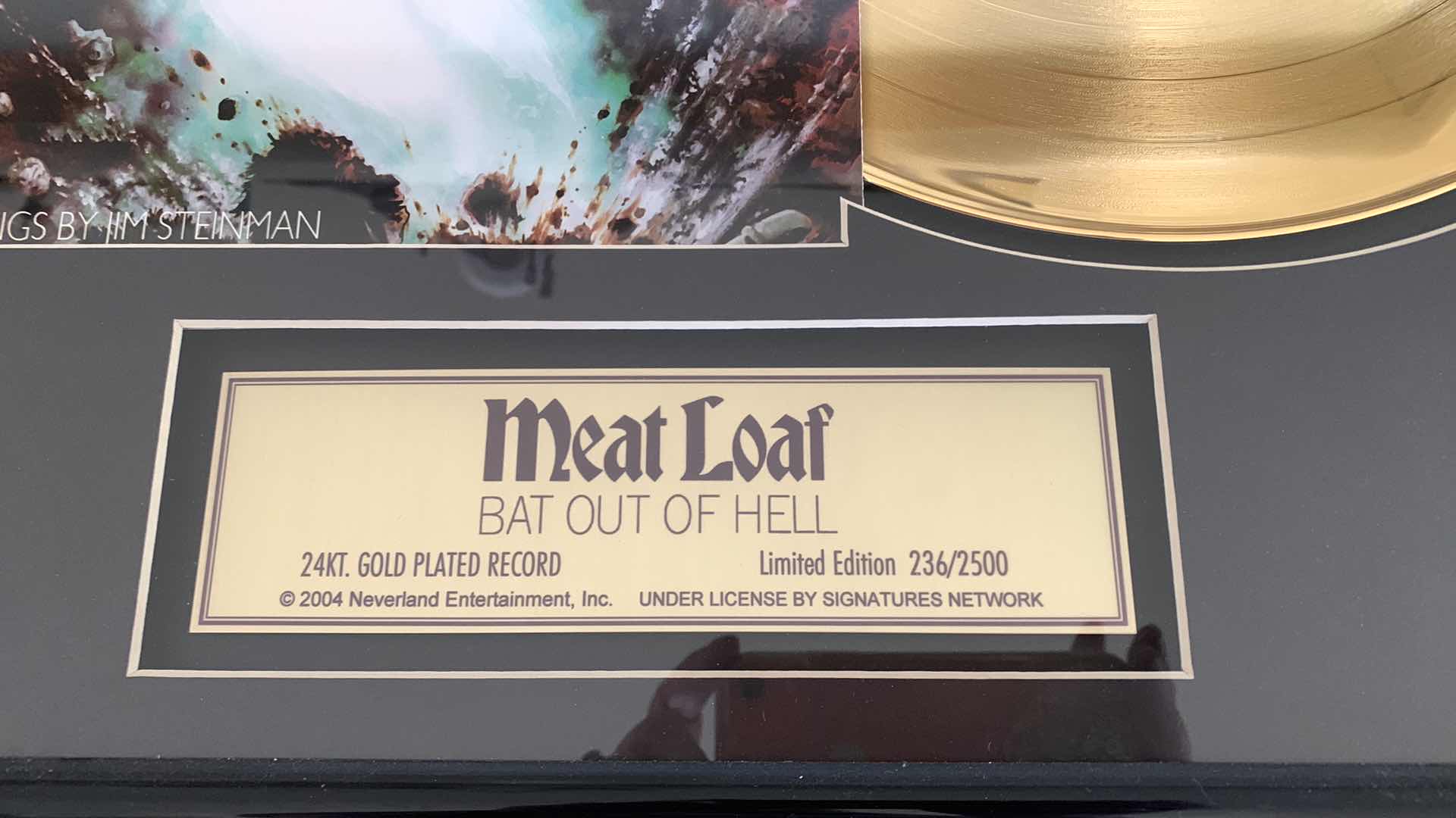 Photo 1 of 2004 FRAMED MEAT LOAF (BAT OUT OF HELL) LIMITED EDITION 236/2500 24JT GOLD PLATED RECORD. 24” X 18”