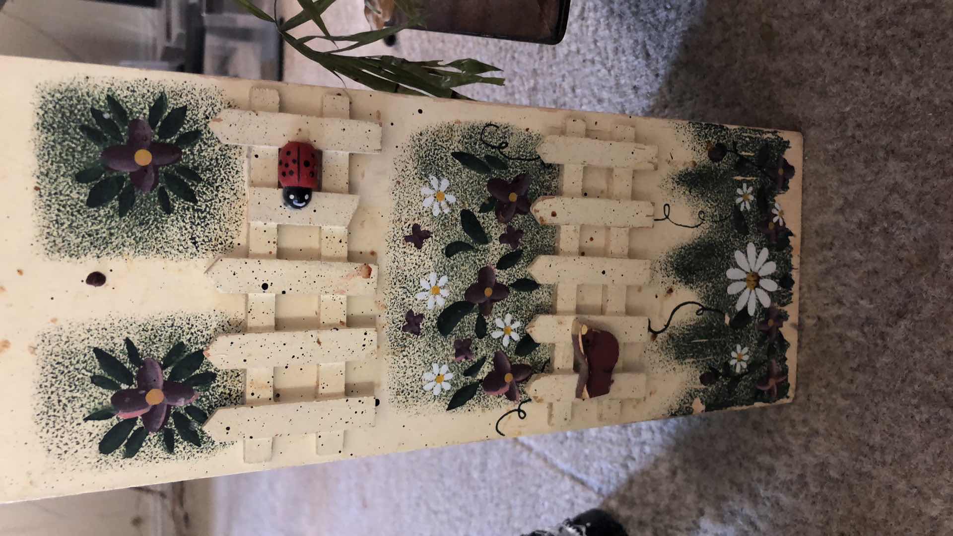 Photo 1 of HOME DECOR, TWO DECORATIVE PLANT HOLDERS AND WOODEN HAND PAINTED BAG HOLDER