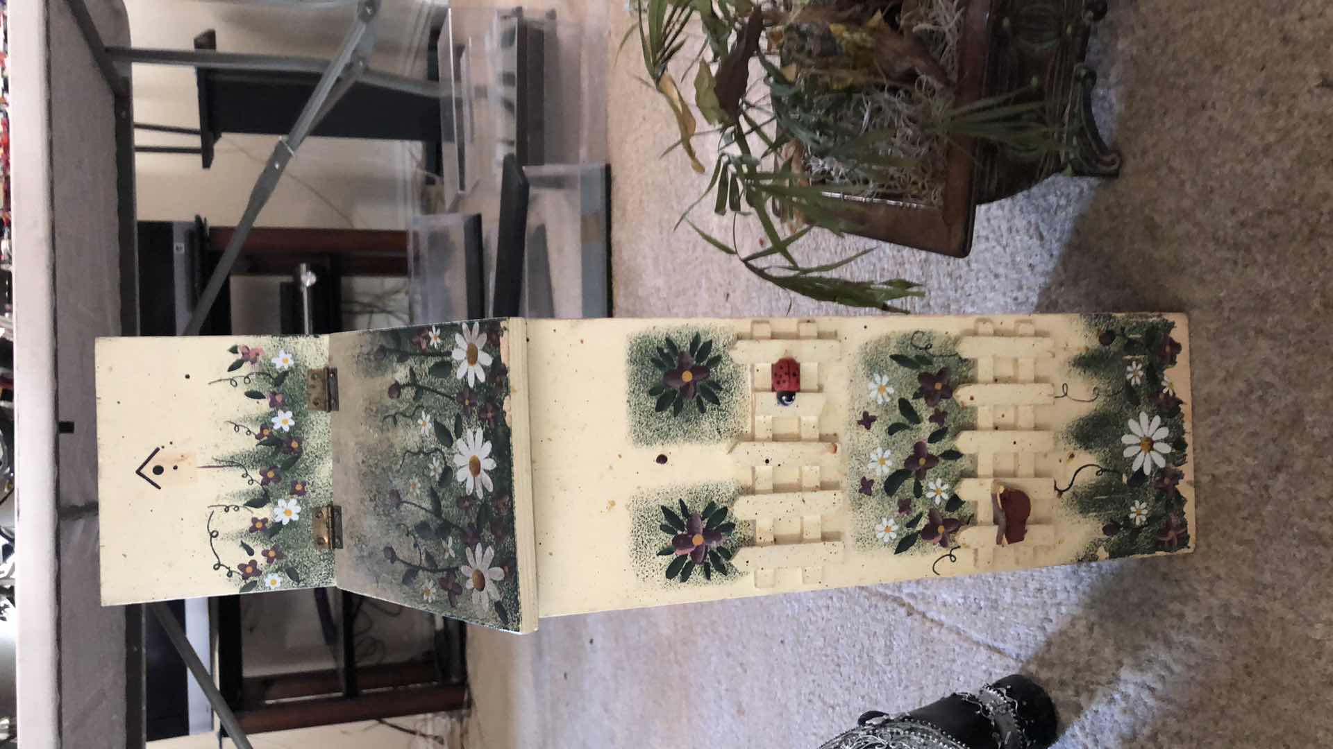Photo 1 of HOME DECOR, TWO DECORATIVE PLANT HOLDERS AND WOODEN HAND PAINTED BAG HOLDER