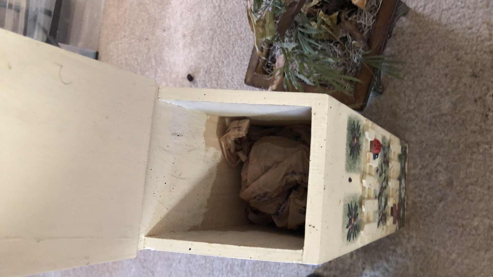 Photo 1 of HOME DECOR, TWO DECORATIVE PLANT HOLDERS AND WOODEN HAND PAINTED BAG HOLDER